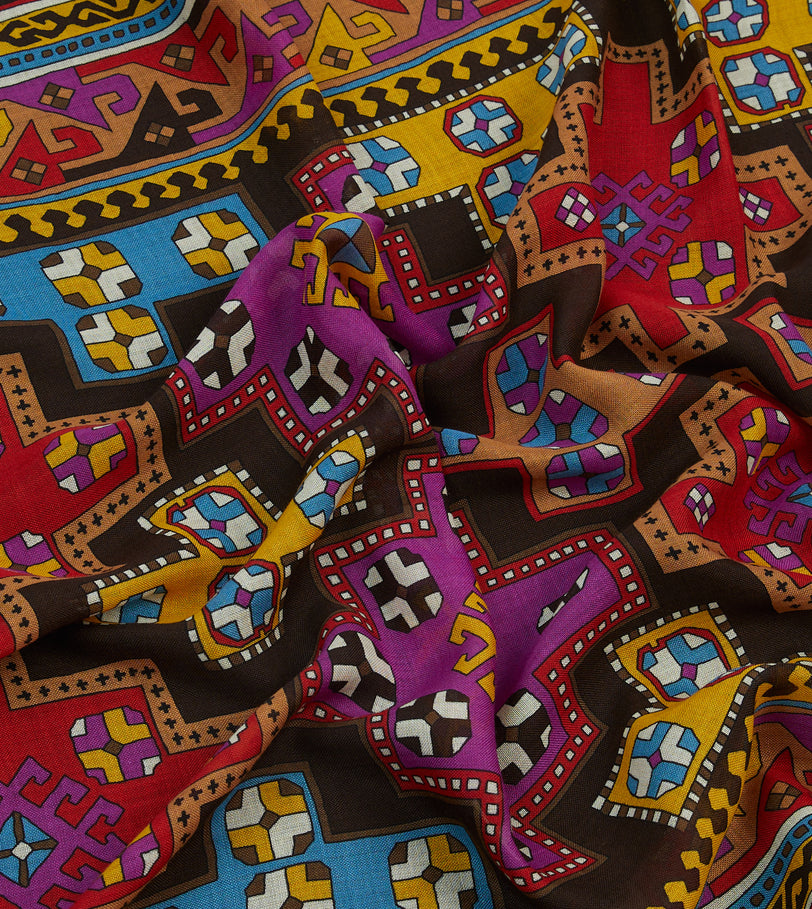 Brown Kilim Print Wool-Silk Scarf