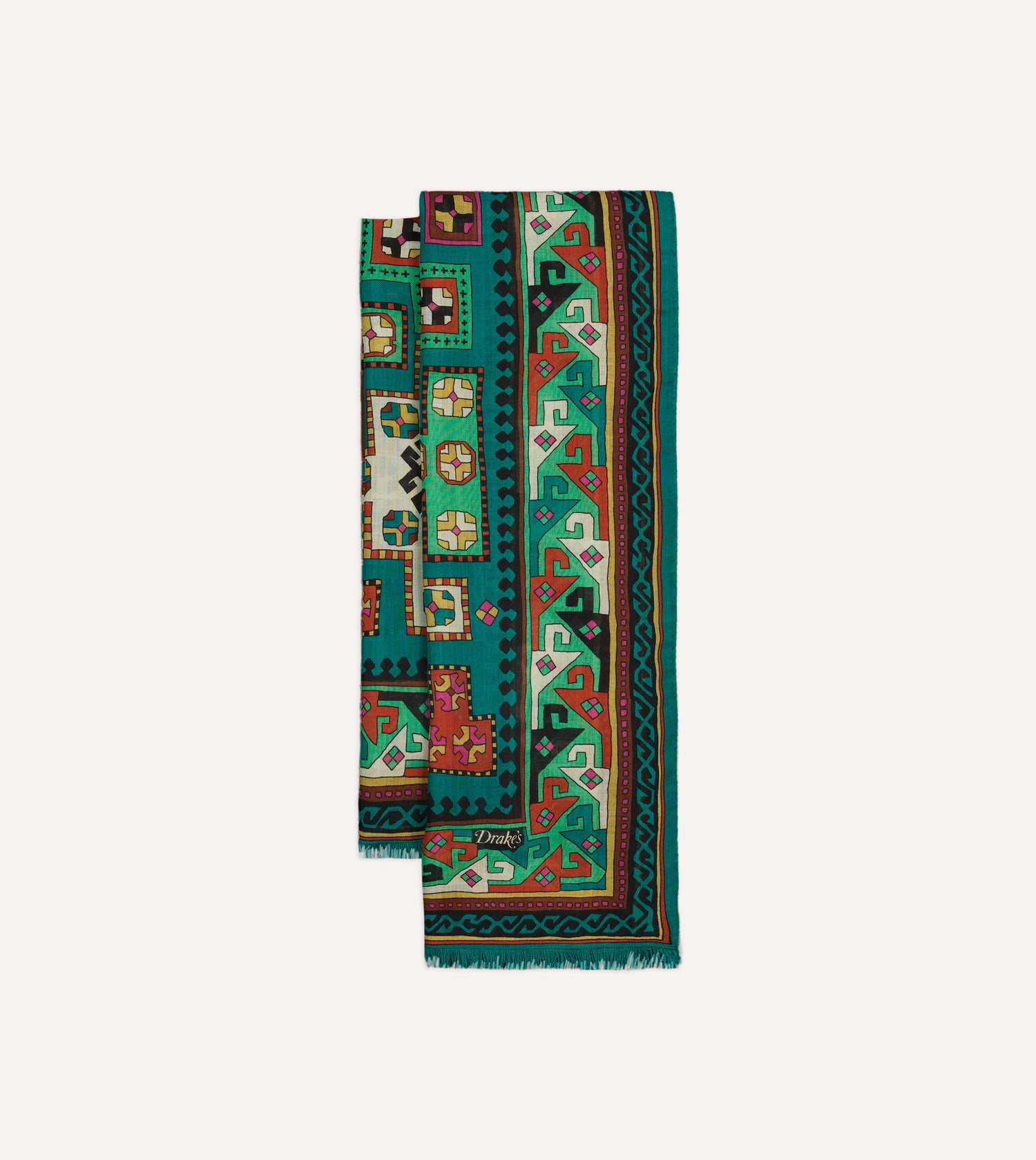 Green Kilim Print Wool-Silk Scarf