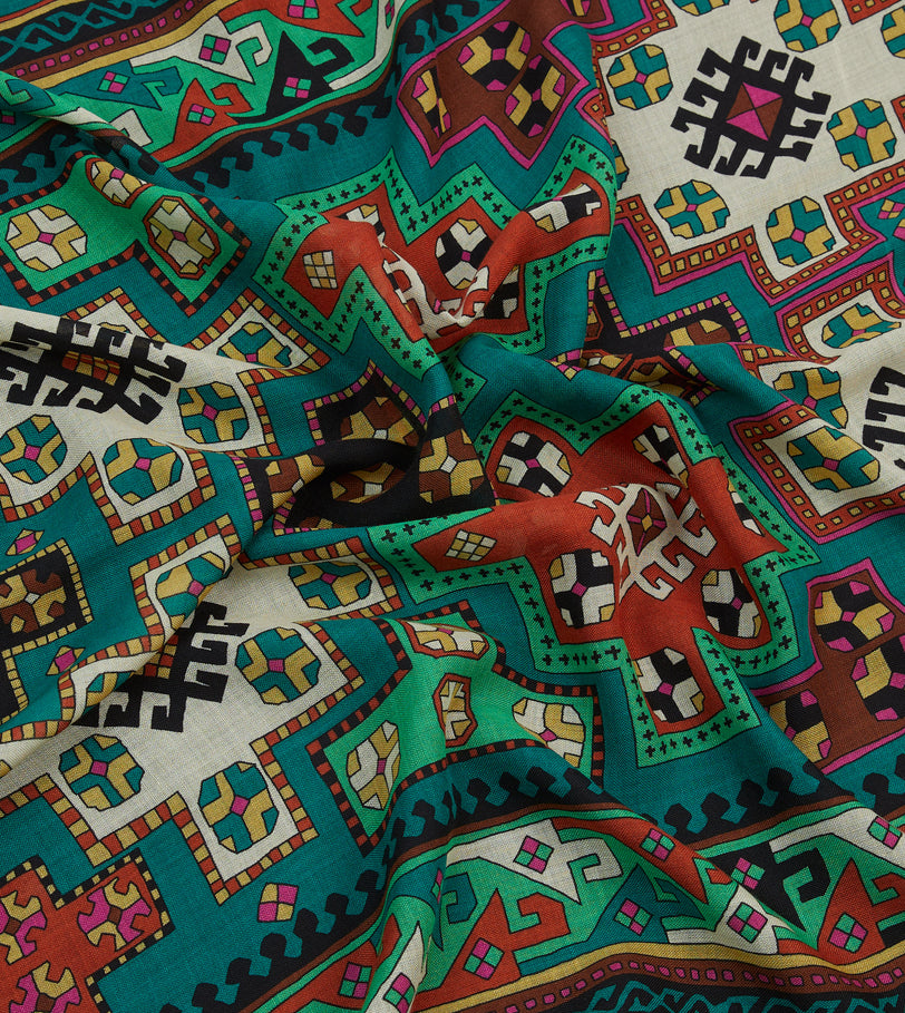 Green Kilim Print Wool-Silk Scarf