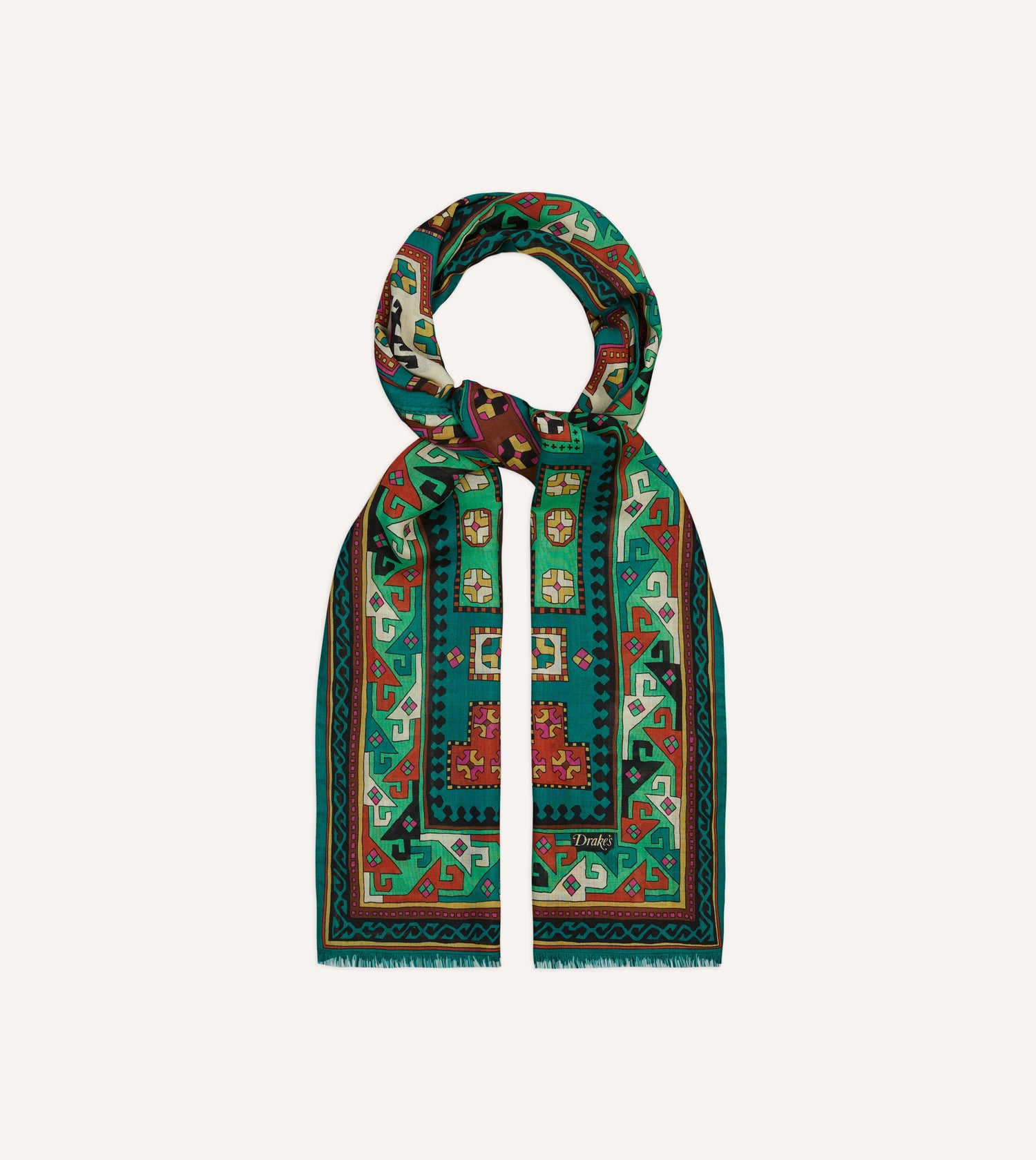 Green Kilim Print Wool-Silk Scarf