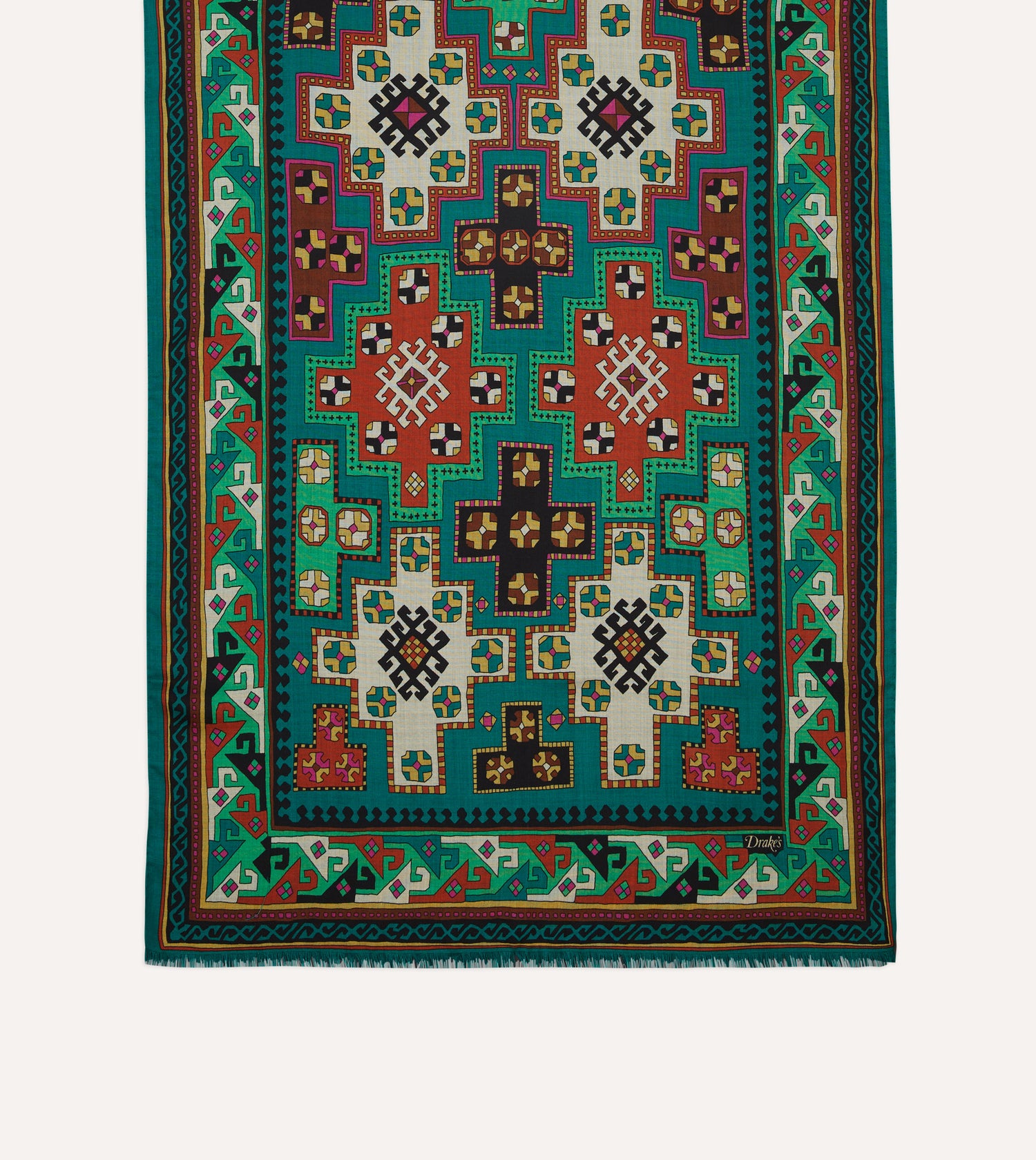 Green Kilim Print Wool-Silk Scarf