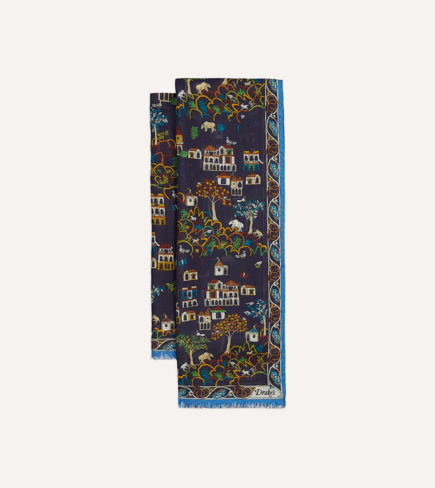 Navy Antique Village Print Wool Silk Scarf