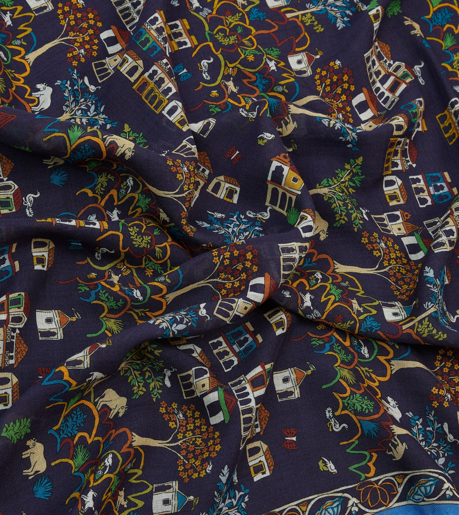 Navy Antique Village Print Wool Silk Scarf
