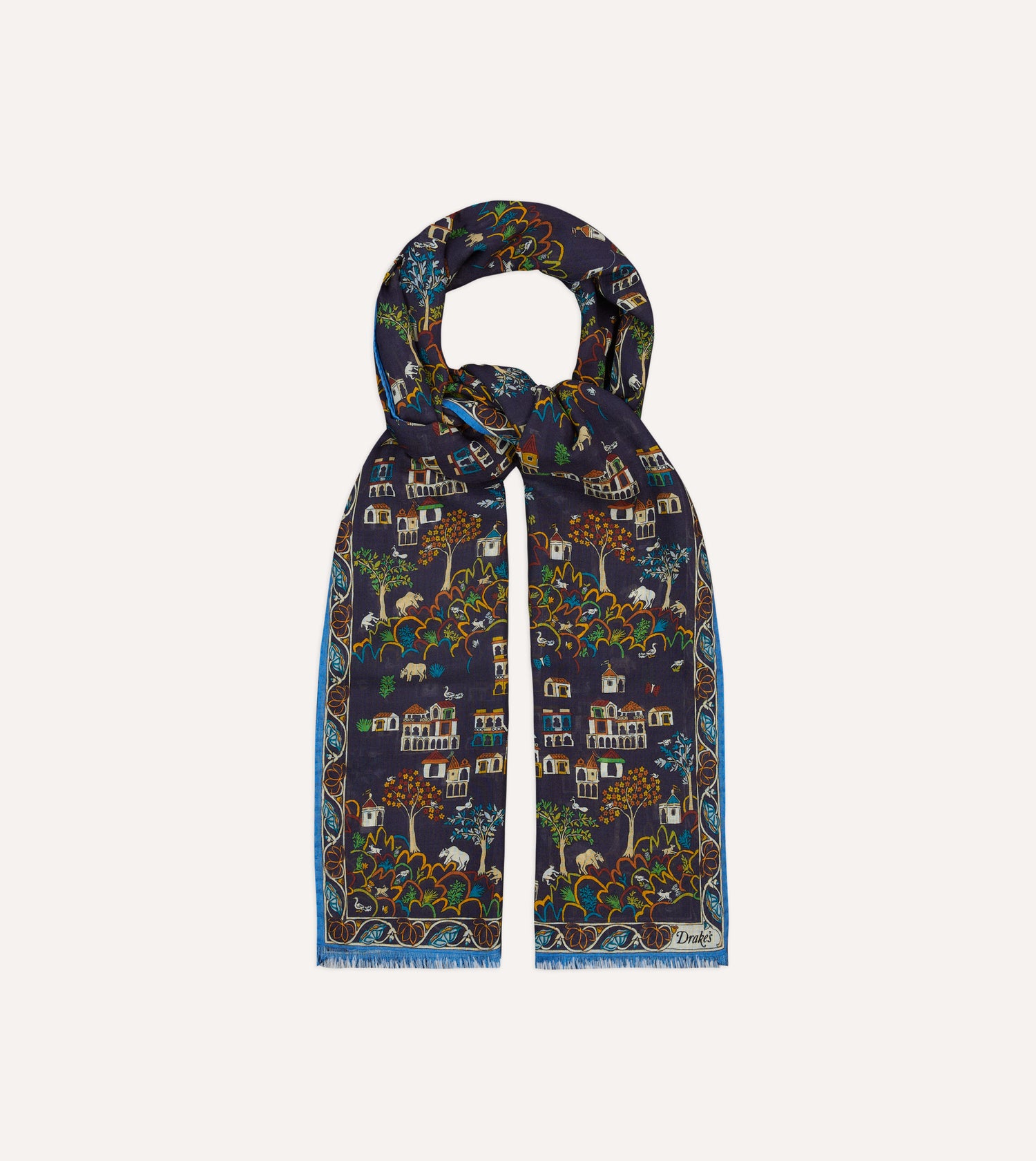 Navy Antique Village Print Wool Silk Scarf