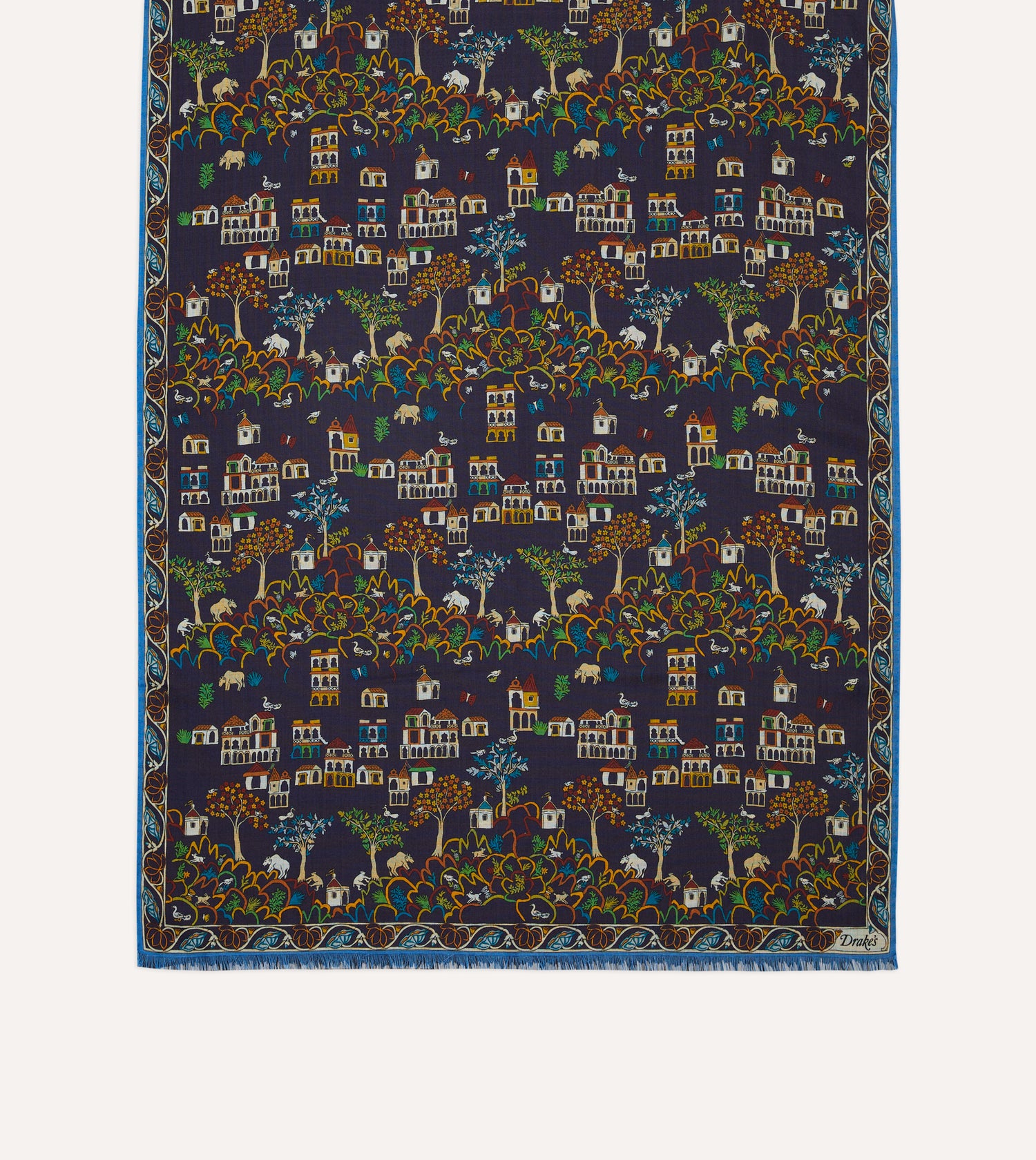 Navy Antique Village Print Wool Silk Scarf