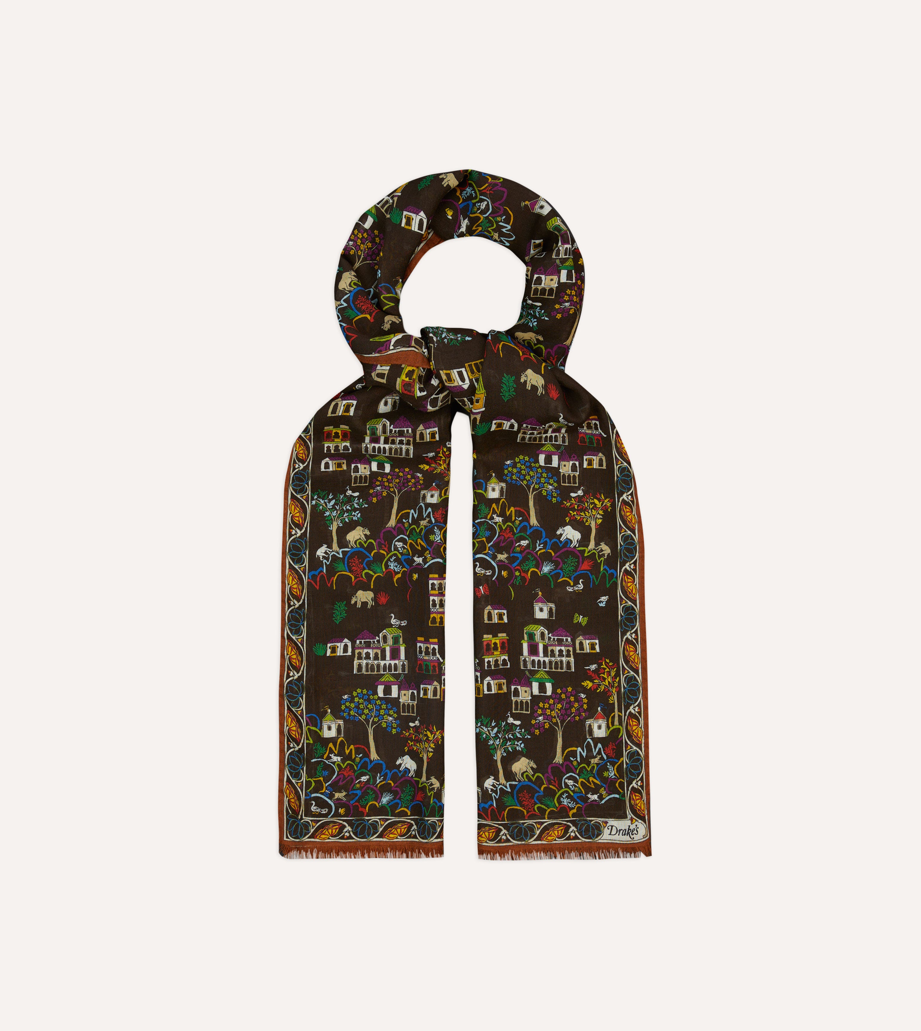 Brown Antique Village Print Wool Silk Scarf