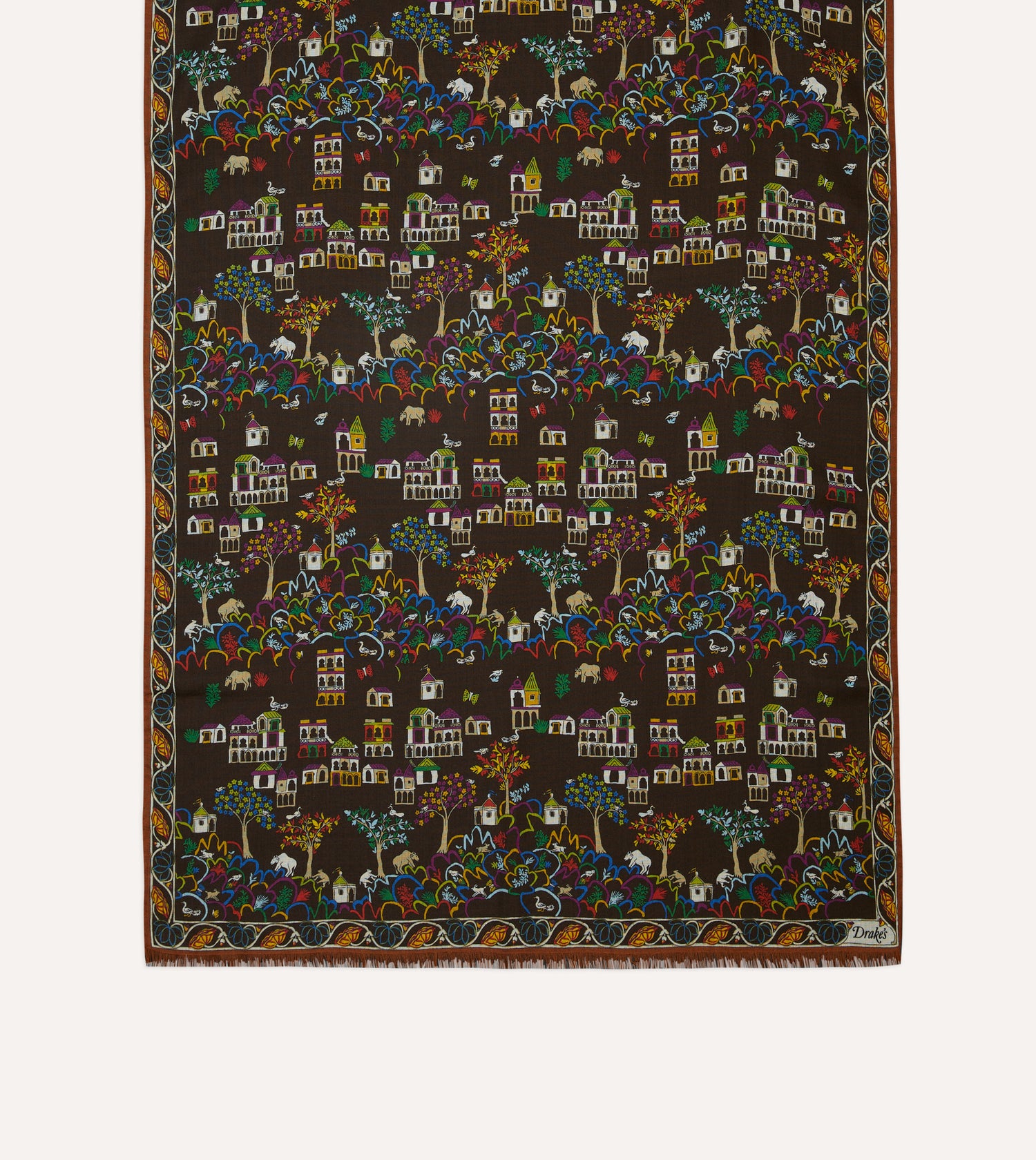 Brown Antique Village Print Wool Silk Scarf