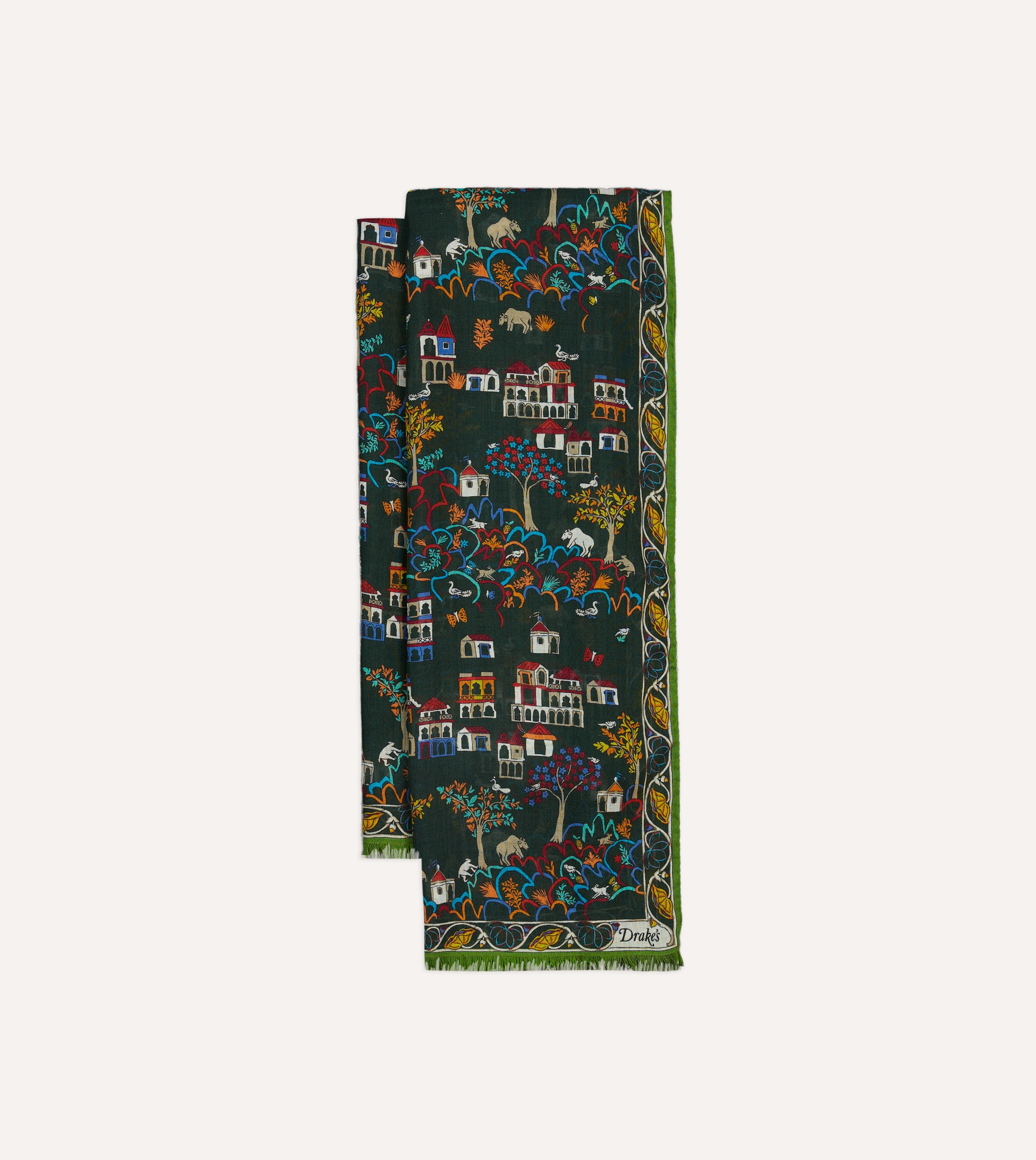 Green Antique Village Print Wool Silk Scarf