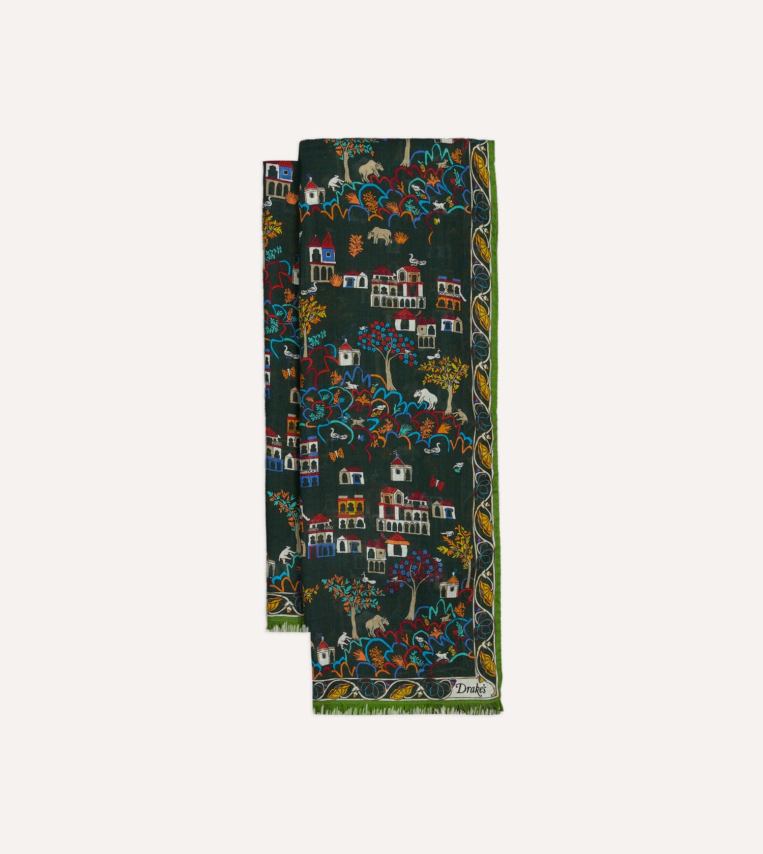 Green Antique Village Print Wool Silk Scarf