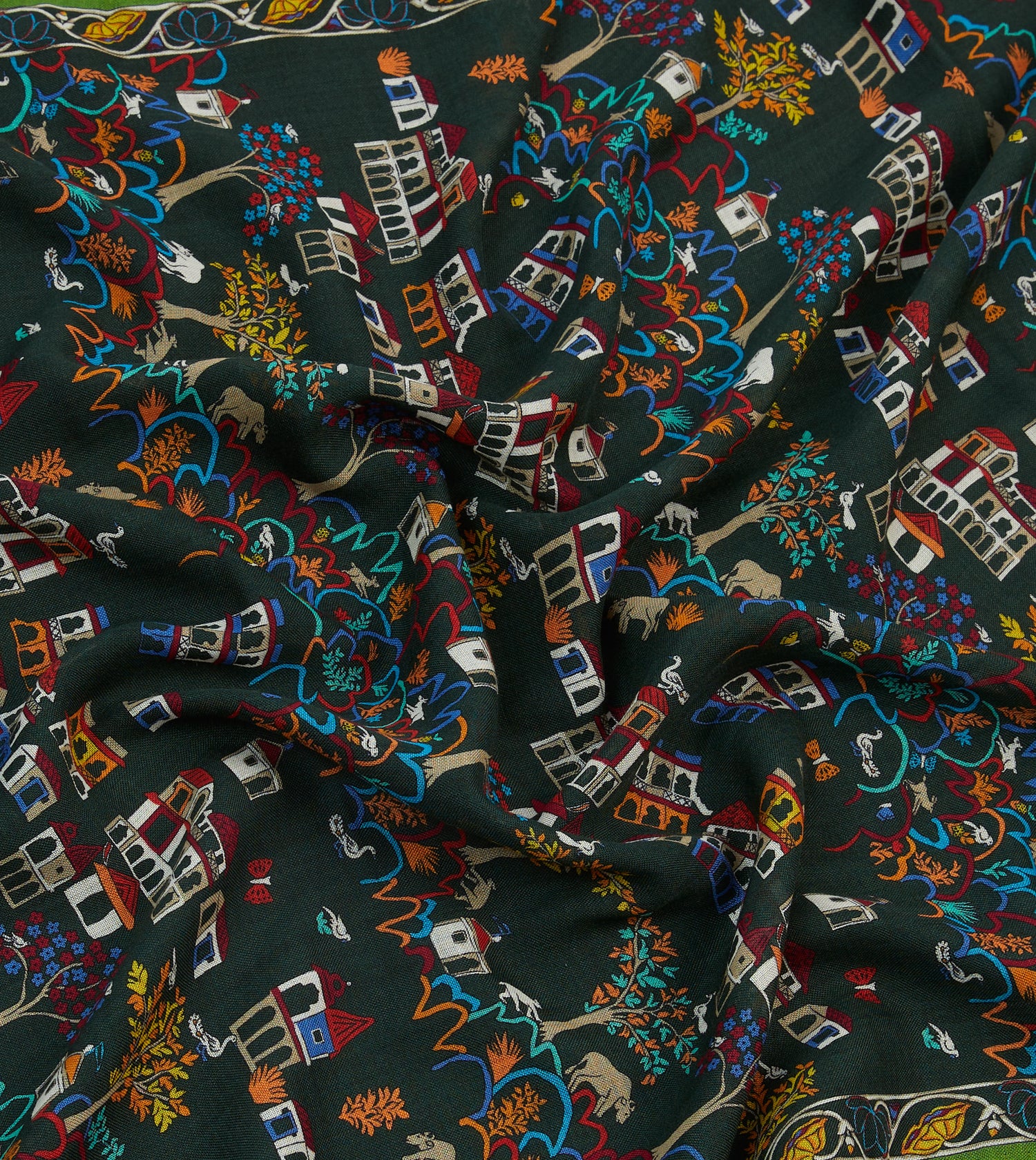 Green Antique Village Print Wool Silk Scarf