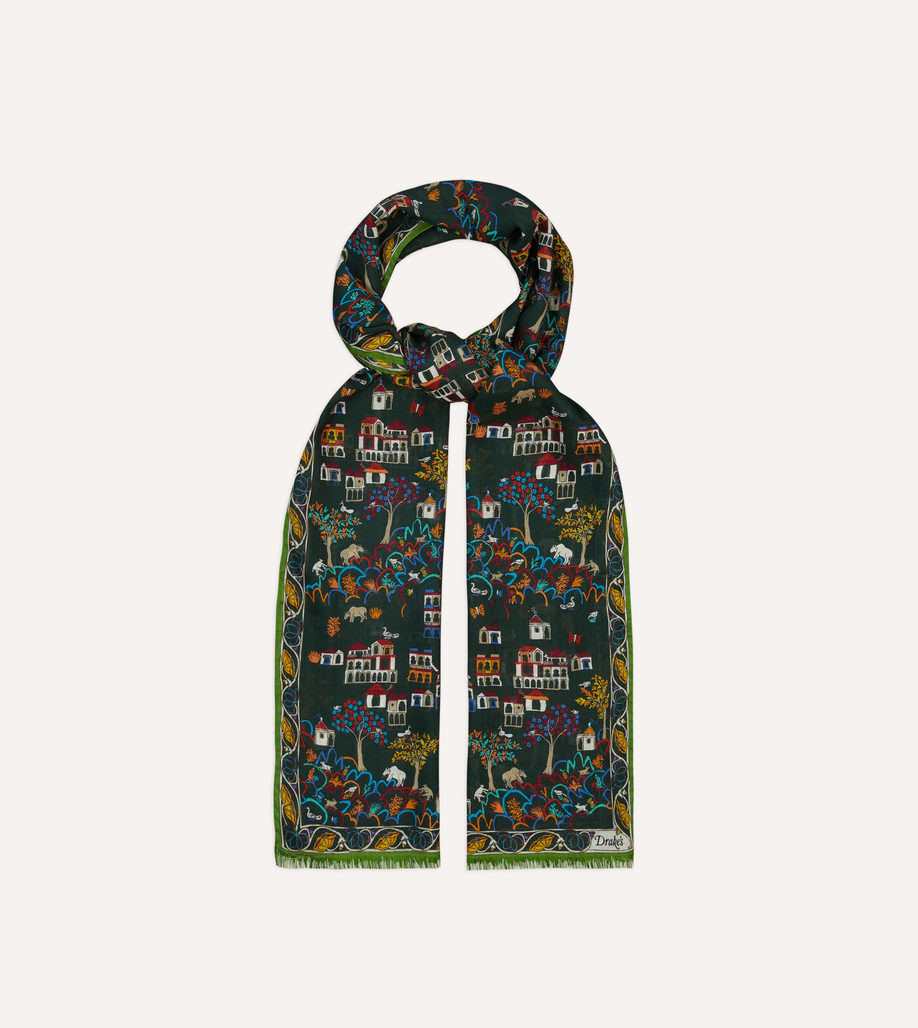 Green Antique Village Print Wool Silk Scarf
