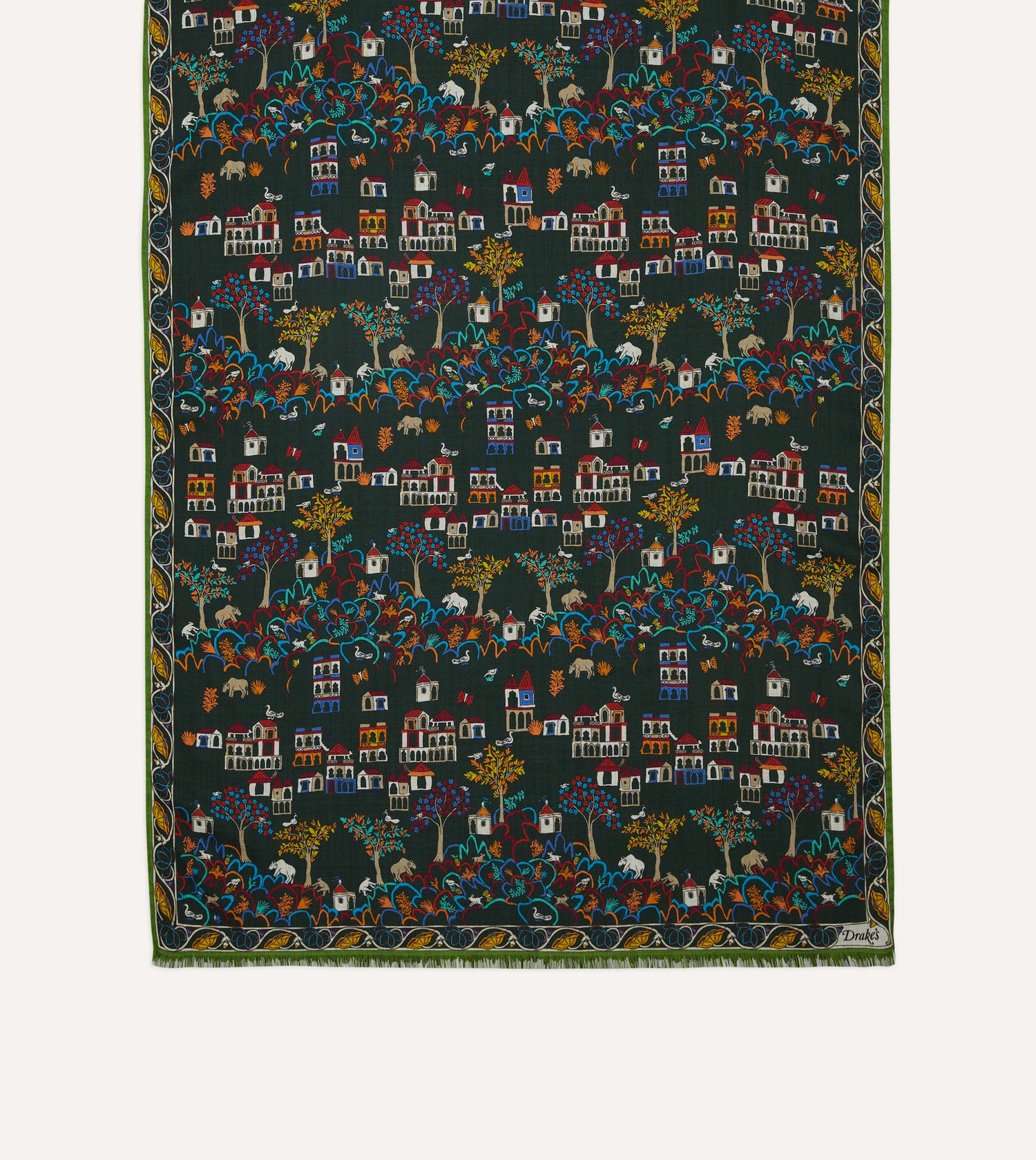 Green Antique Village Print Wool Silk Scarf