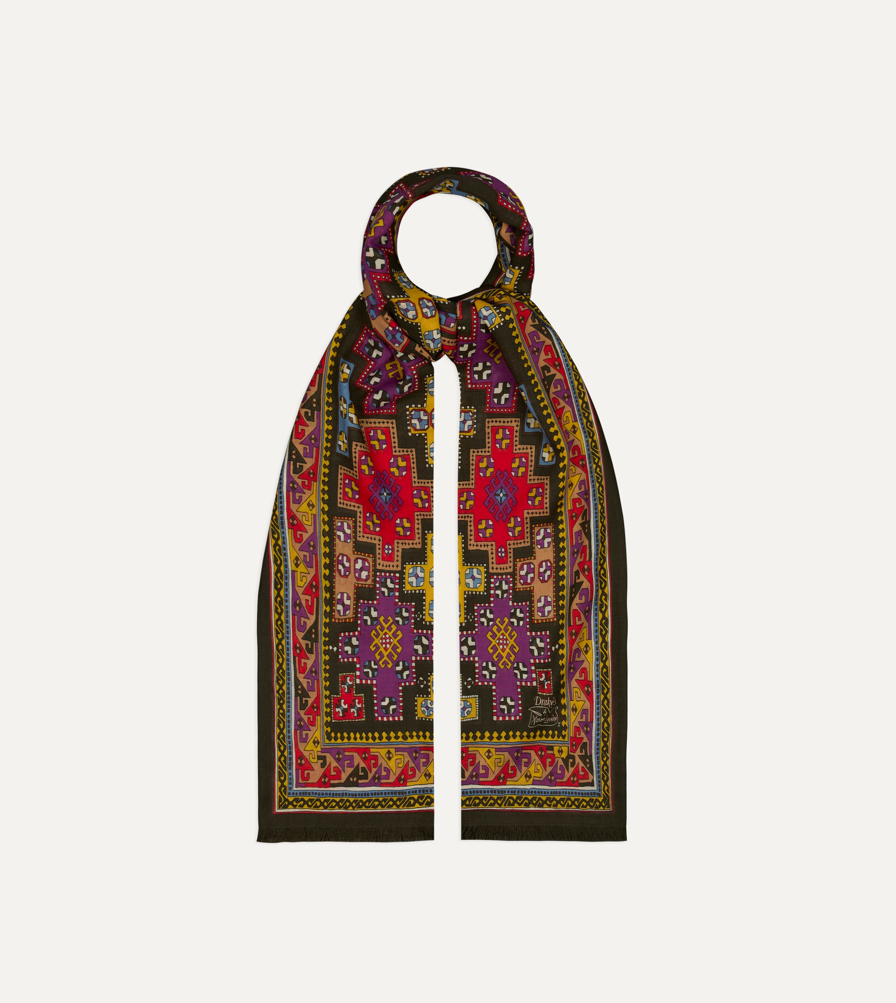 Drake's by A. Levine Black Geometric Print Tubular Wool Silk Scarf