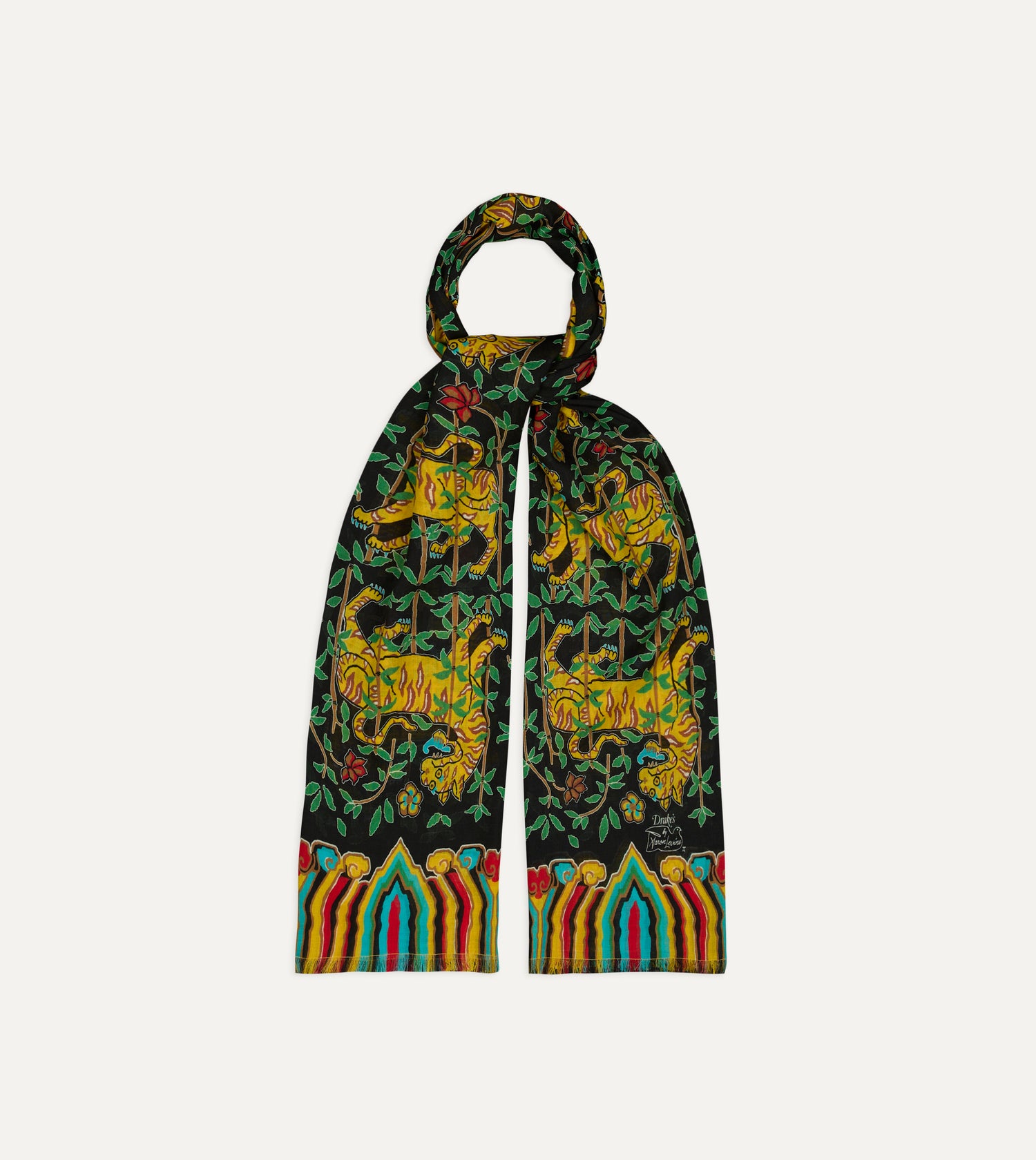 Drake's by A. Levine Black Tigers Print Tubular Wool Silk Scarf