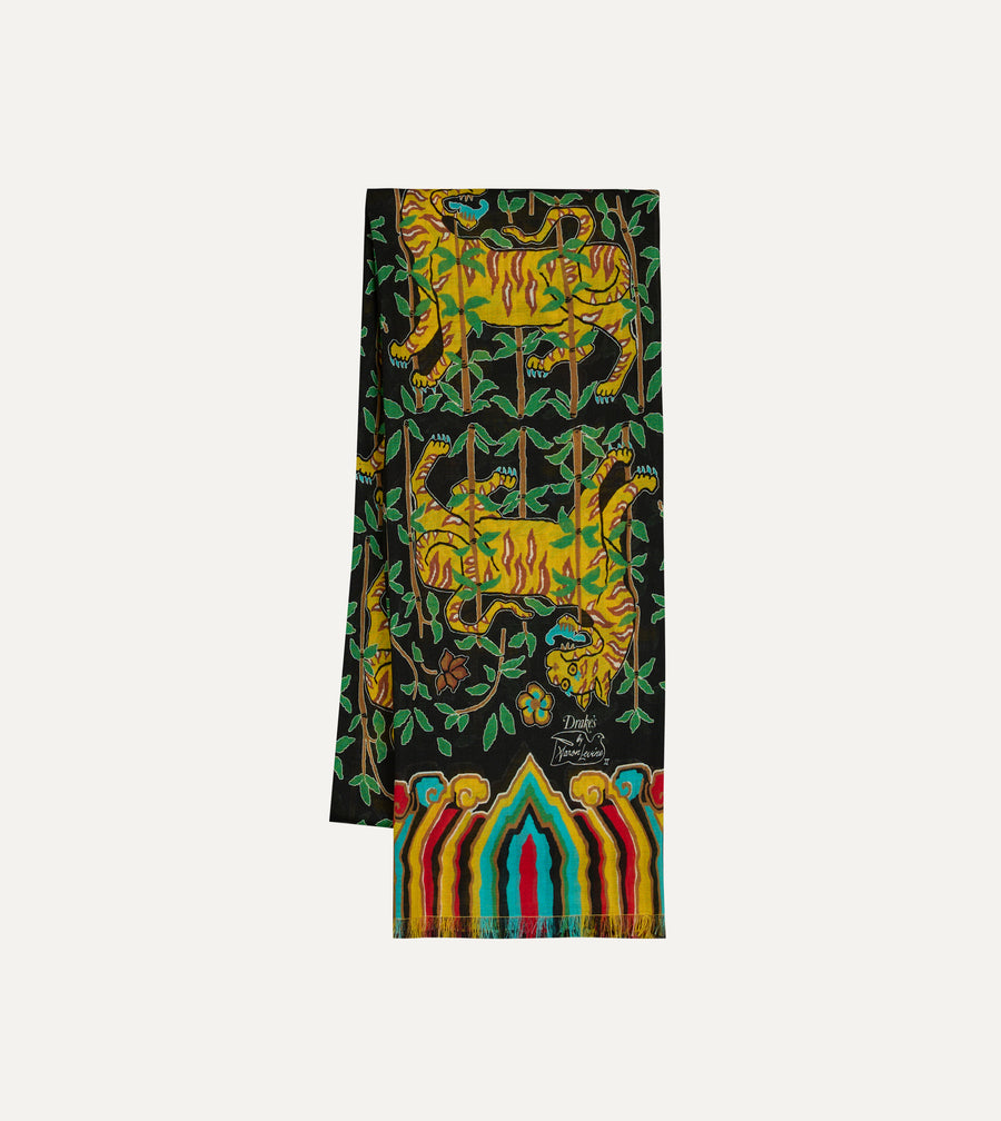 Drake's by A. Levine Black Tigers Print Tubular Wool Silk Scarf