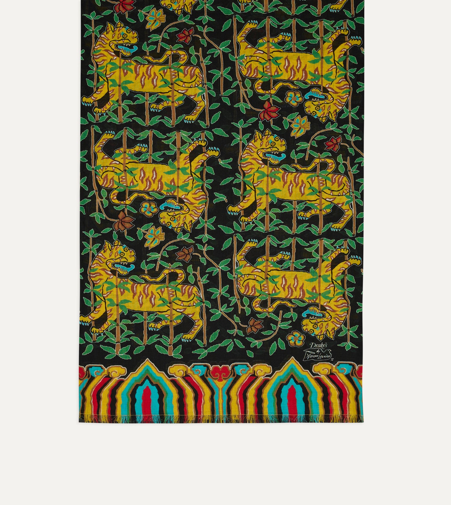 Drake's by A. Levine Black Tigers Print Tubular Wool Silk Scarf