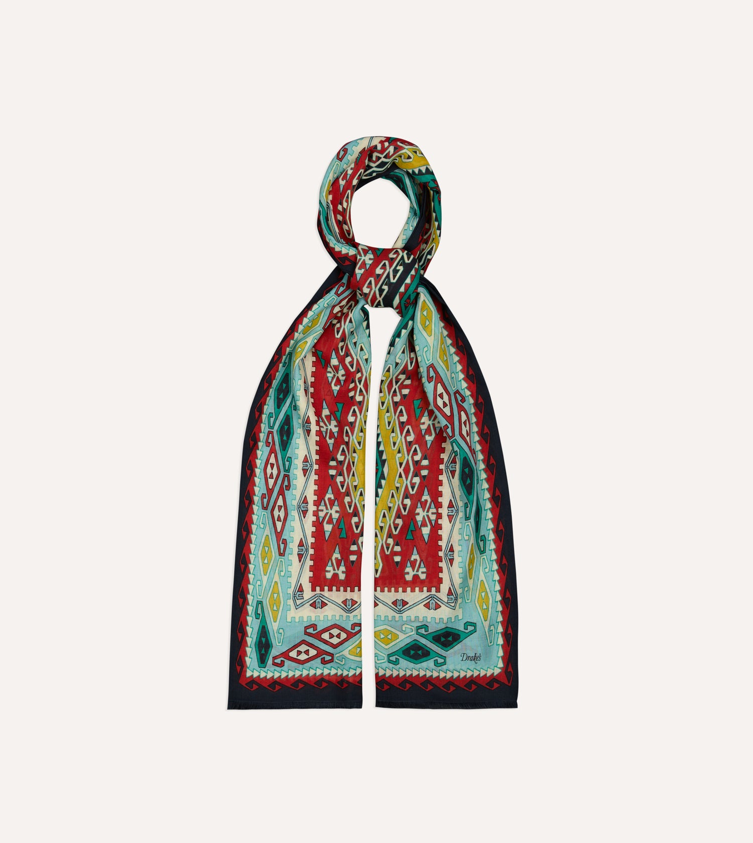 Navy Kilim Print Tubular Wool Silk Scarf