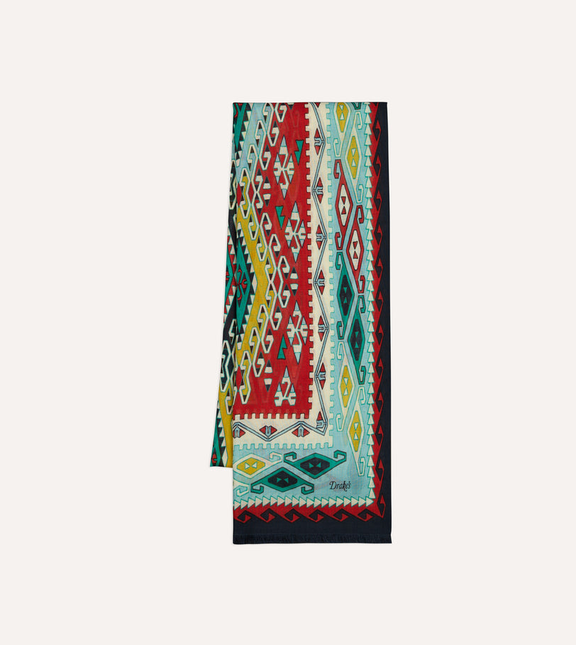 Navy Kilim Print Tubular Wool Silk Scarf