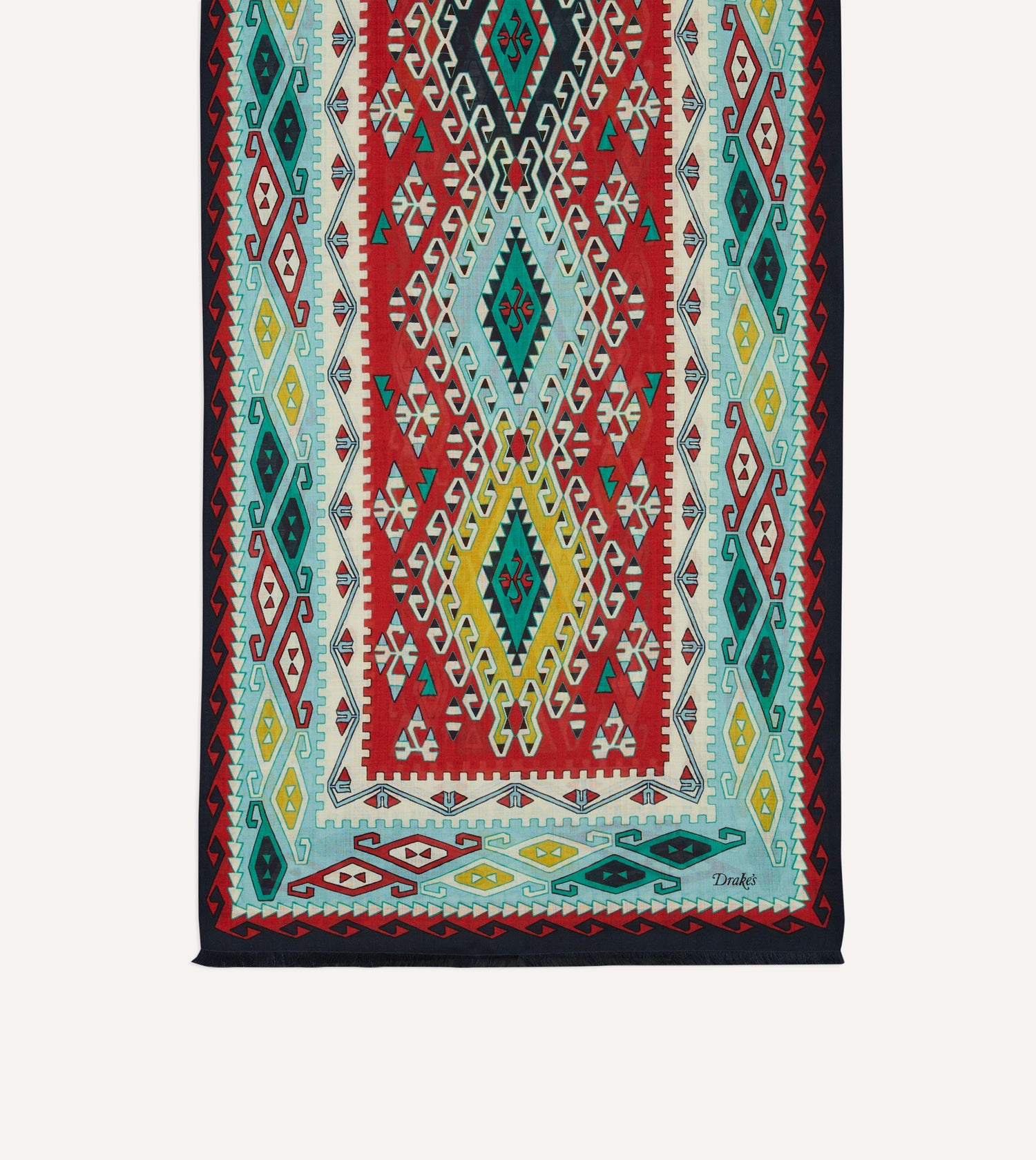 Navy Kilim Print Tubular Wool Silk Scarf