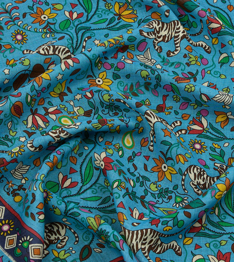Blue Tiger Garden Print Wool Silk Scarf