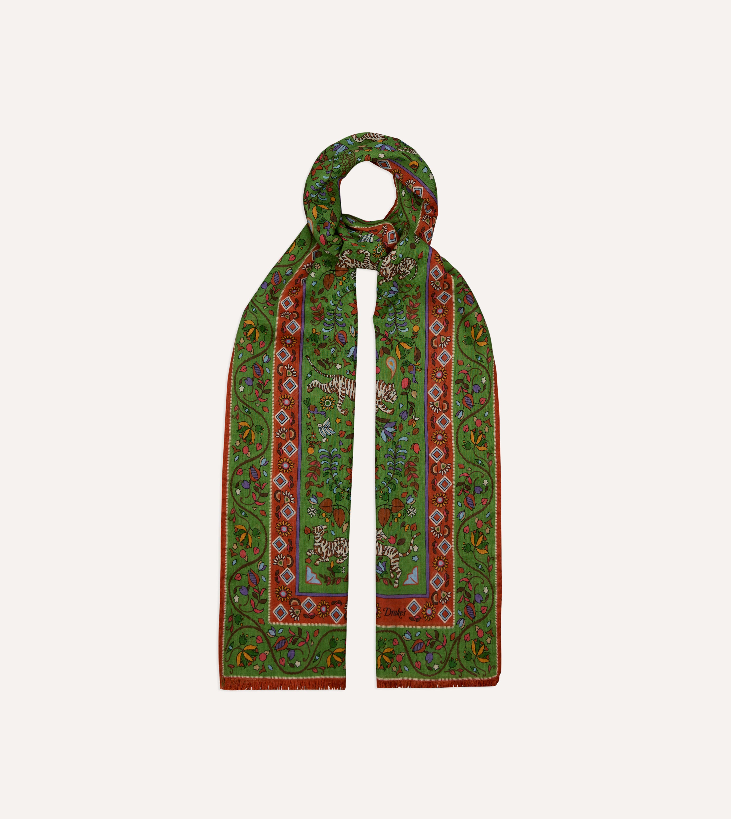 Green Tiger Garden Print Wool Silk Scarf