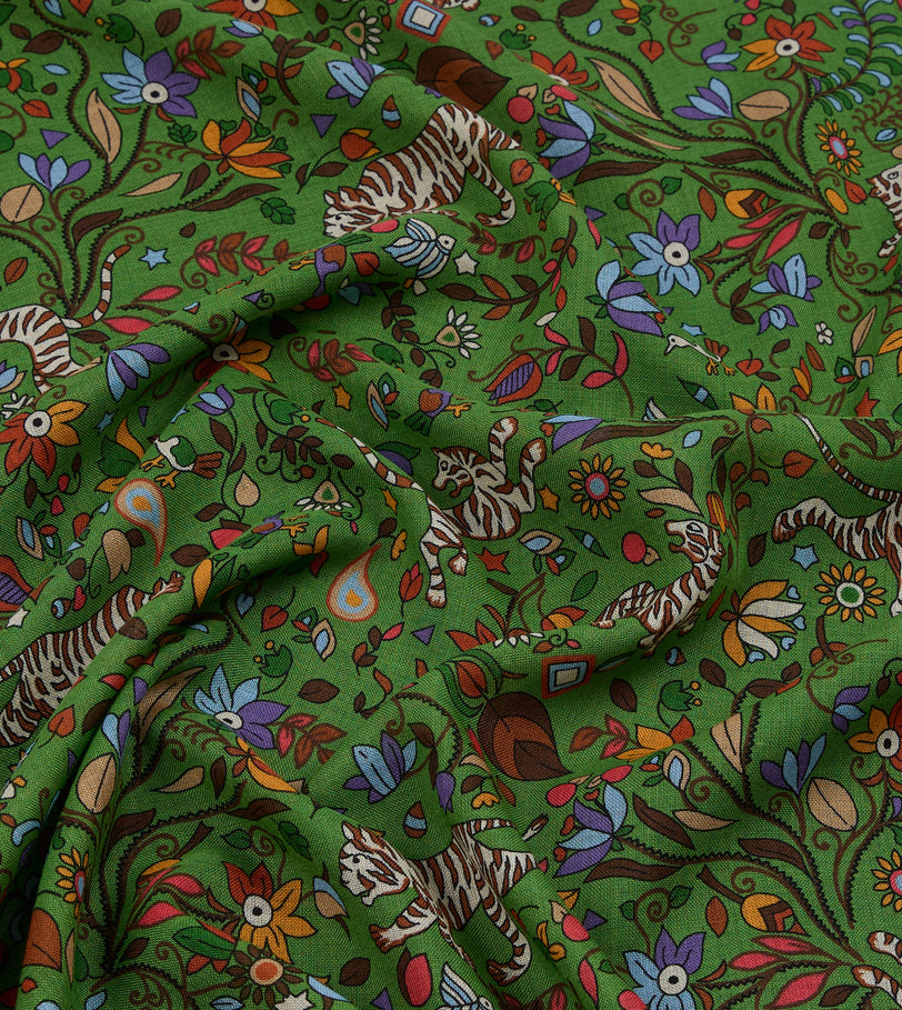 Green Tiger Garden Print Wool Silk Scarf