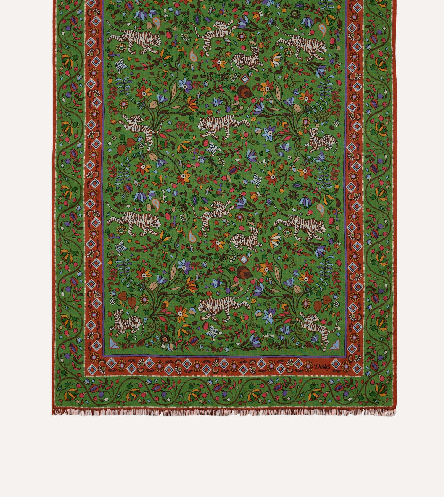 Green Tiger Garden Print Wool Silk Scarf