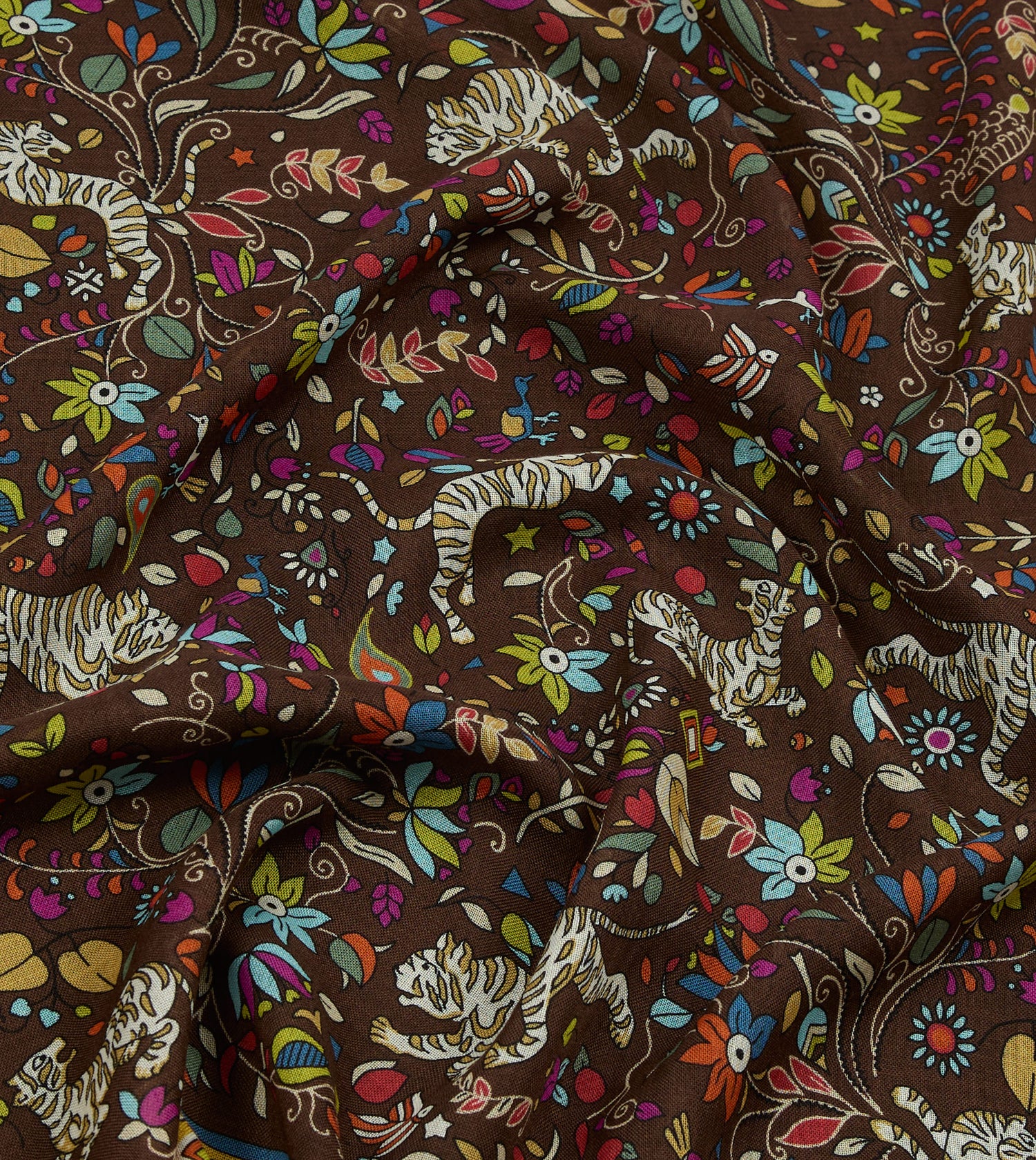 Brown Tiger Garden Print Wool Silk Scarf