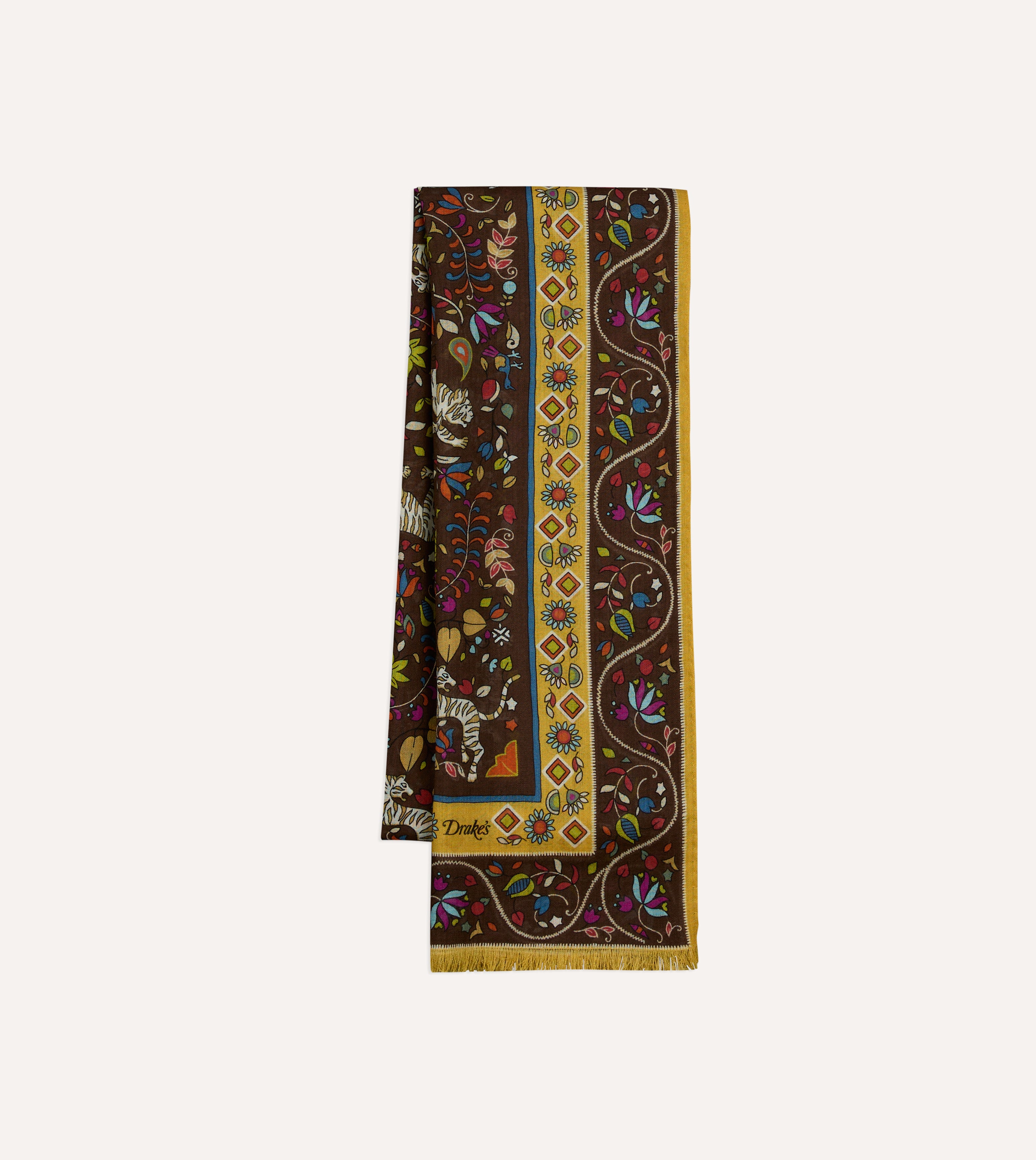 Brown Tiger Garden Print Wool Silk Scarf