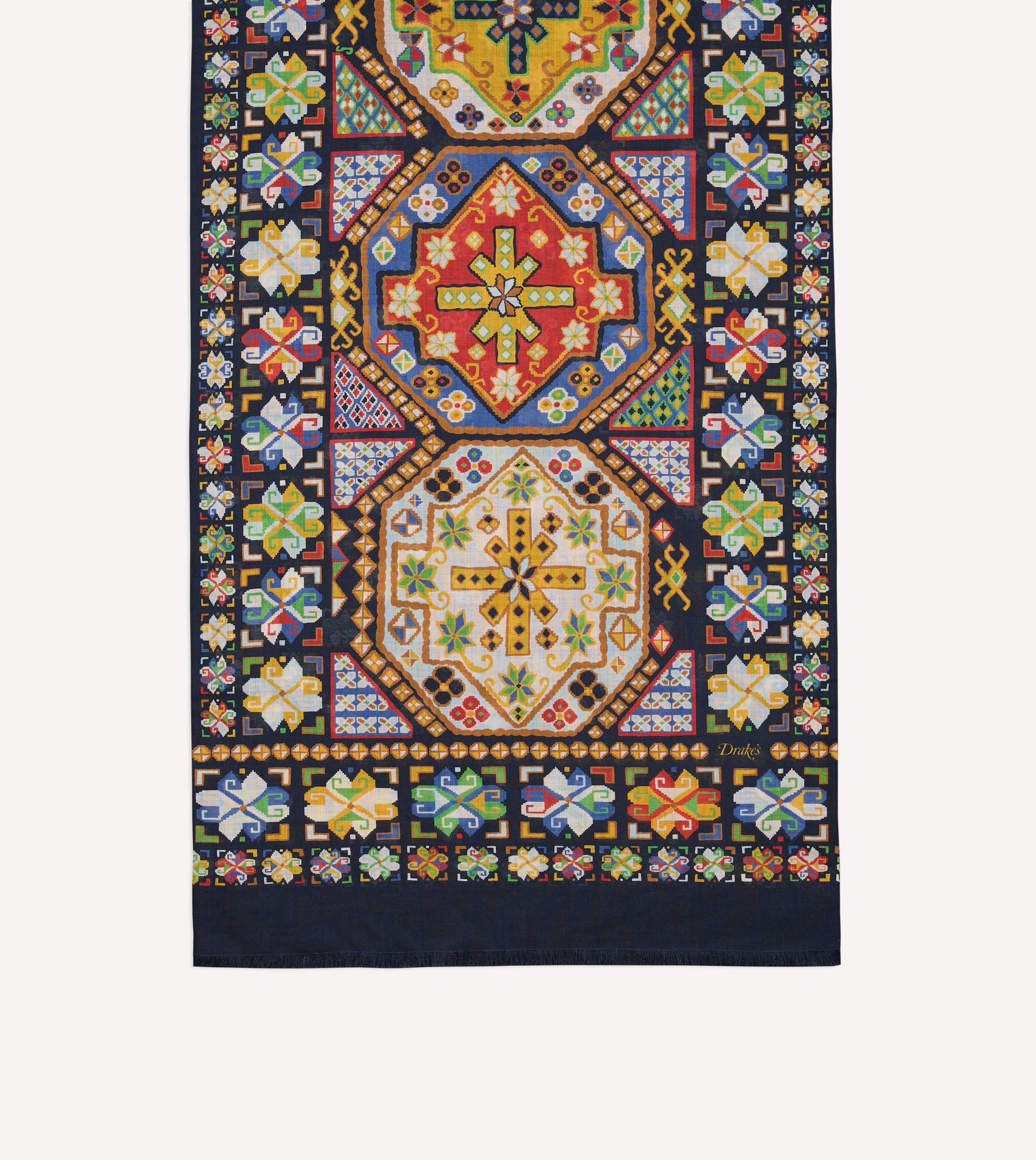 Navy Carpet Print Tubular Wool-Silk Scarf – Drakes US