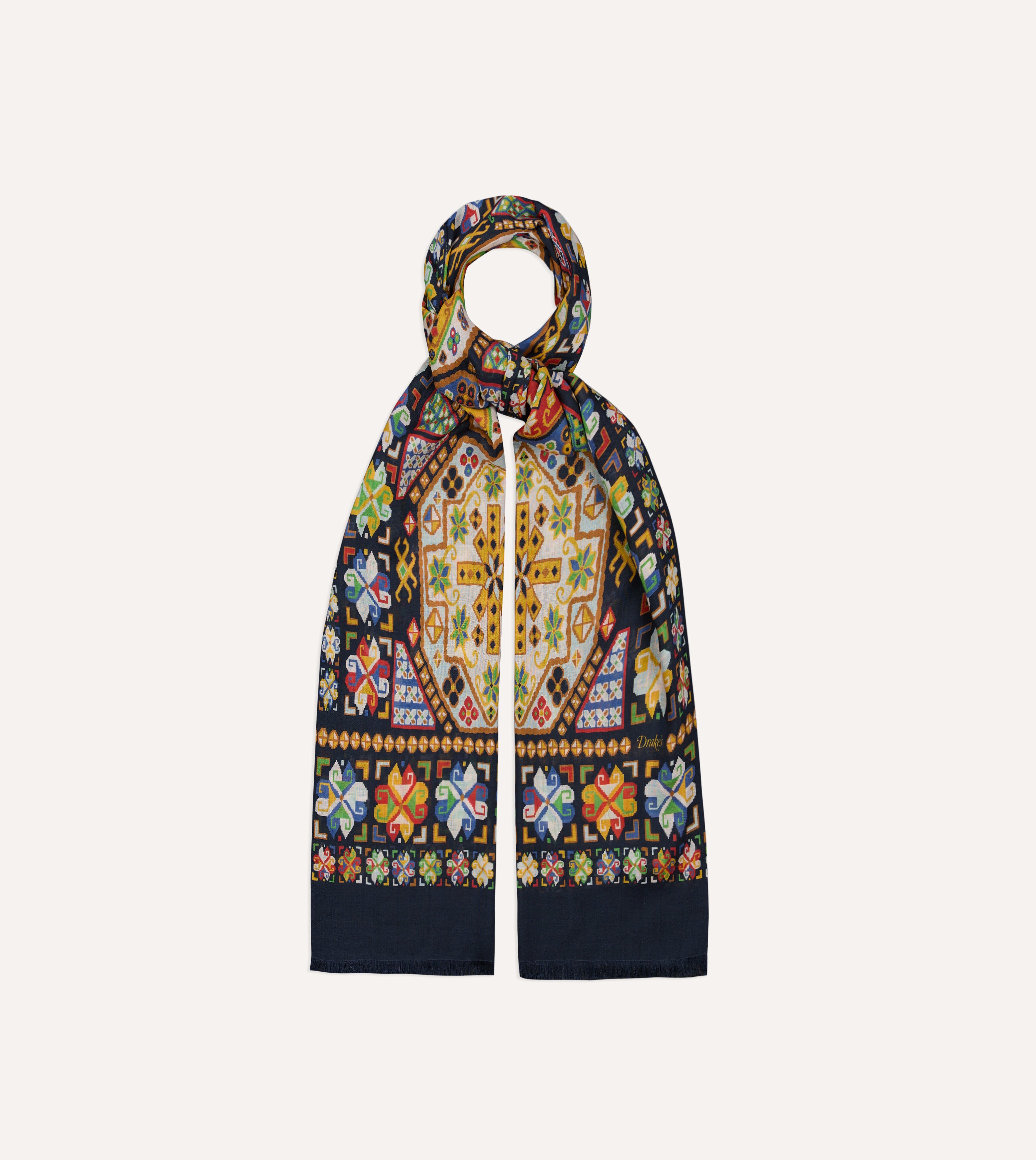Navy Carpet Print Tubular Wool-Silk Scarf – Drakes US