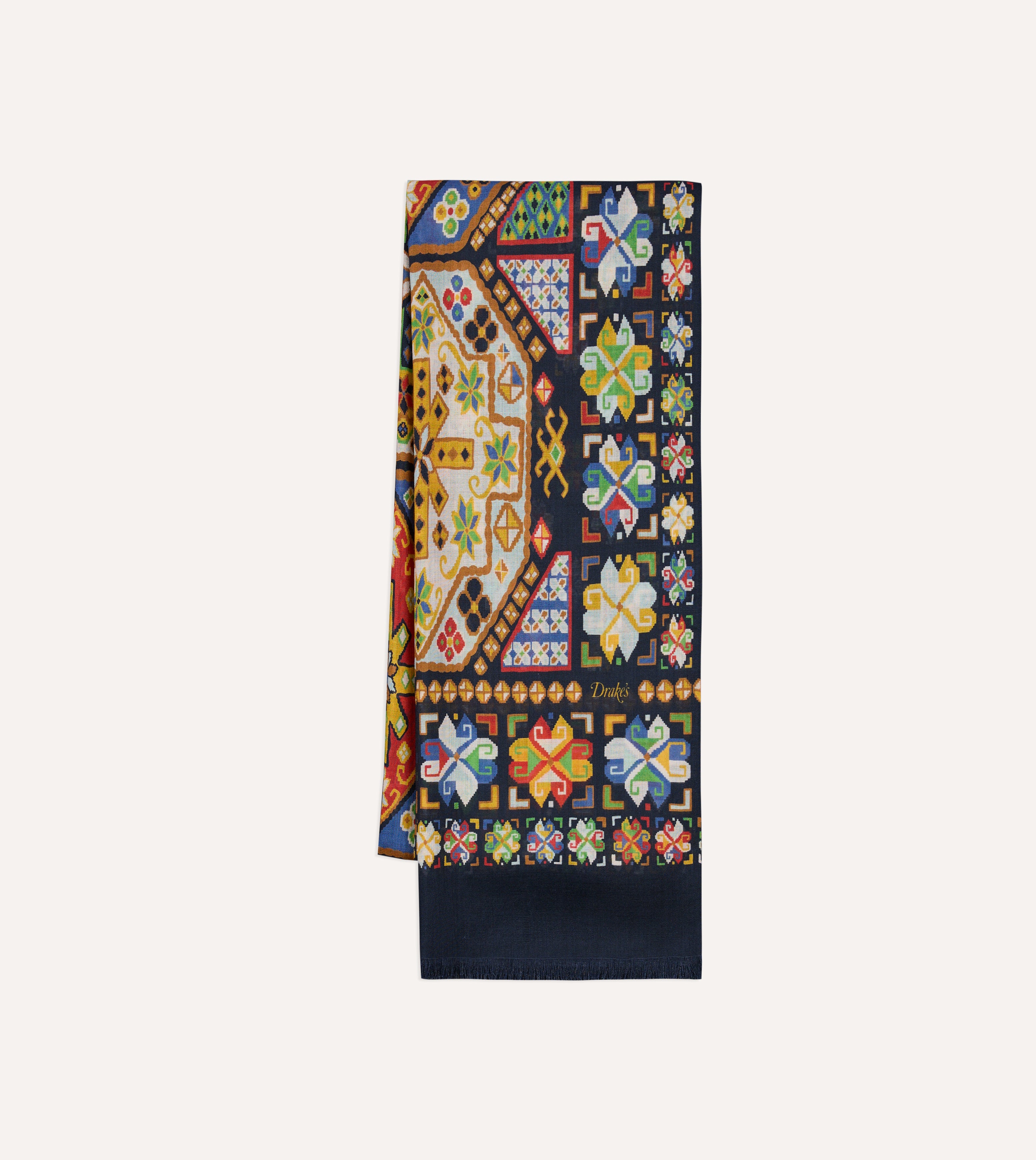 Navy Carpet Print Tubular Wool-Silk Scarf – Drakes US