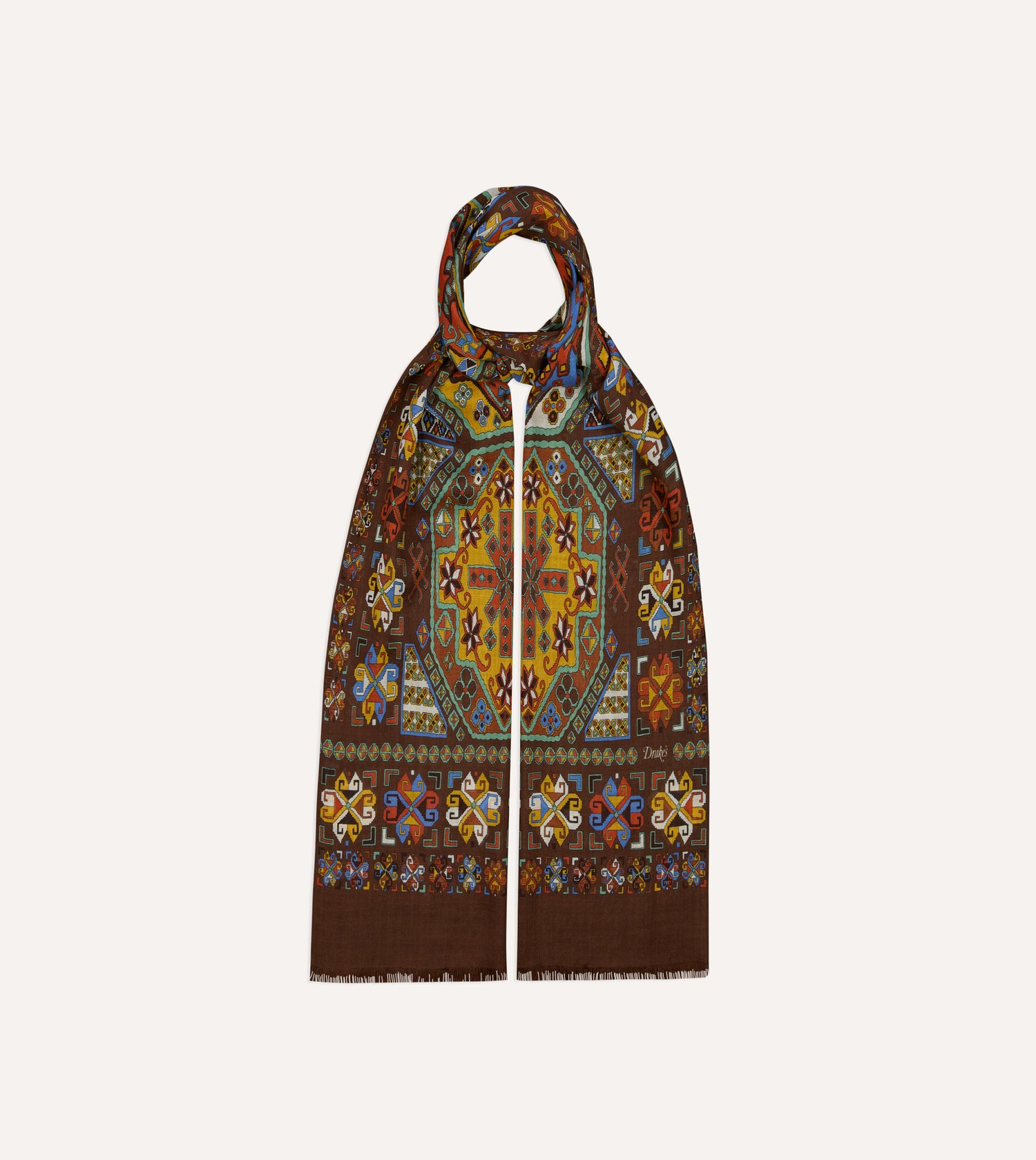 Brown Carpet Print Tubular Wool-Silk Scarf