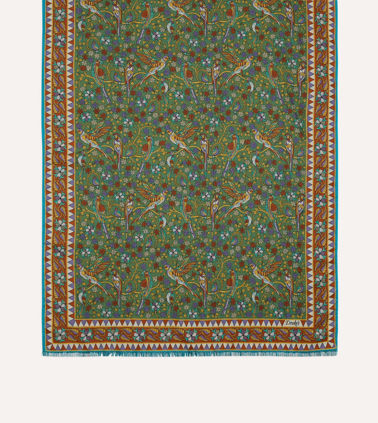 Green Birds and Flowers Print Wool-Silk Scarf