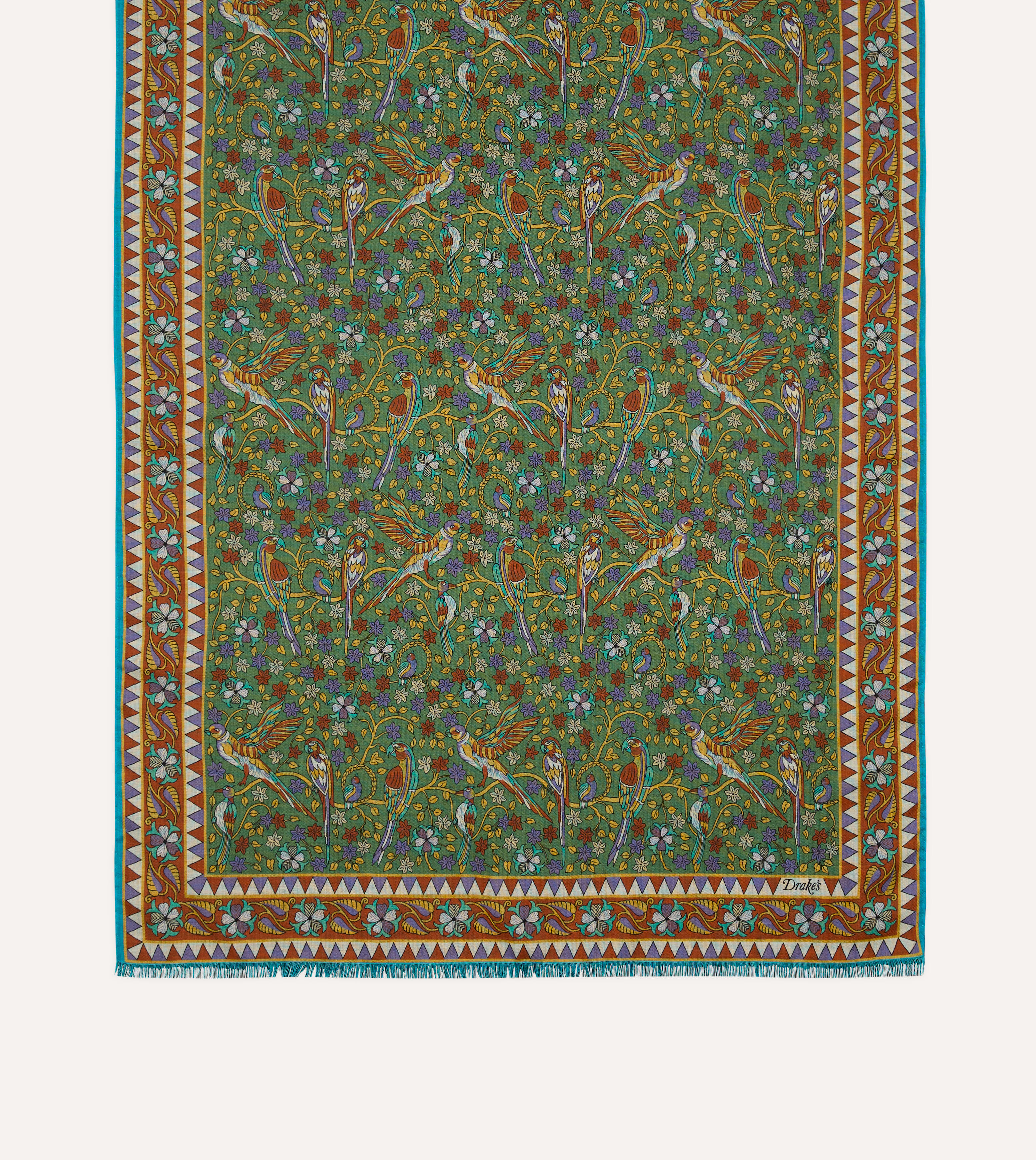 Green Birds and Flowers Print Wool-Silk Scarf