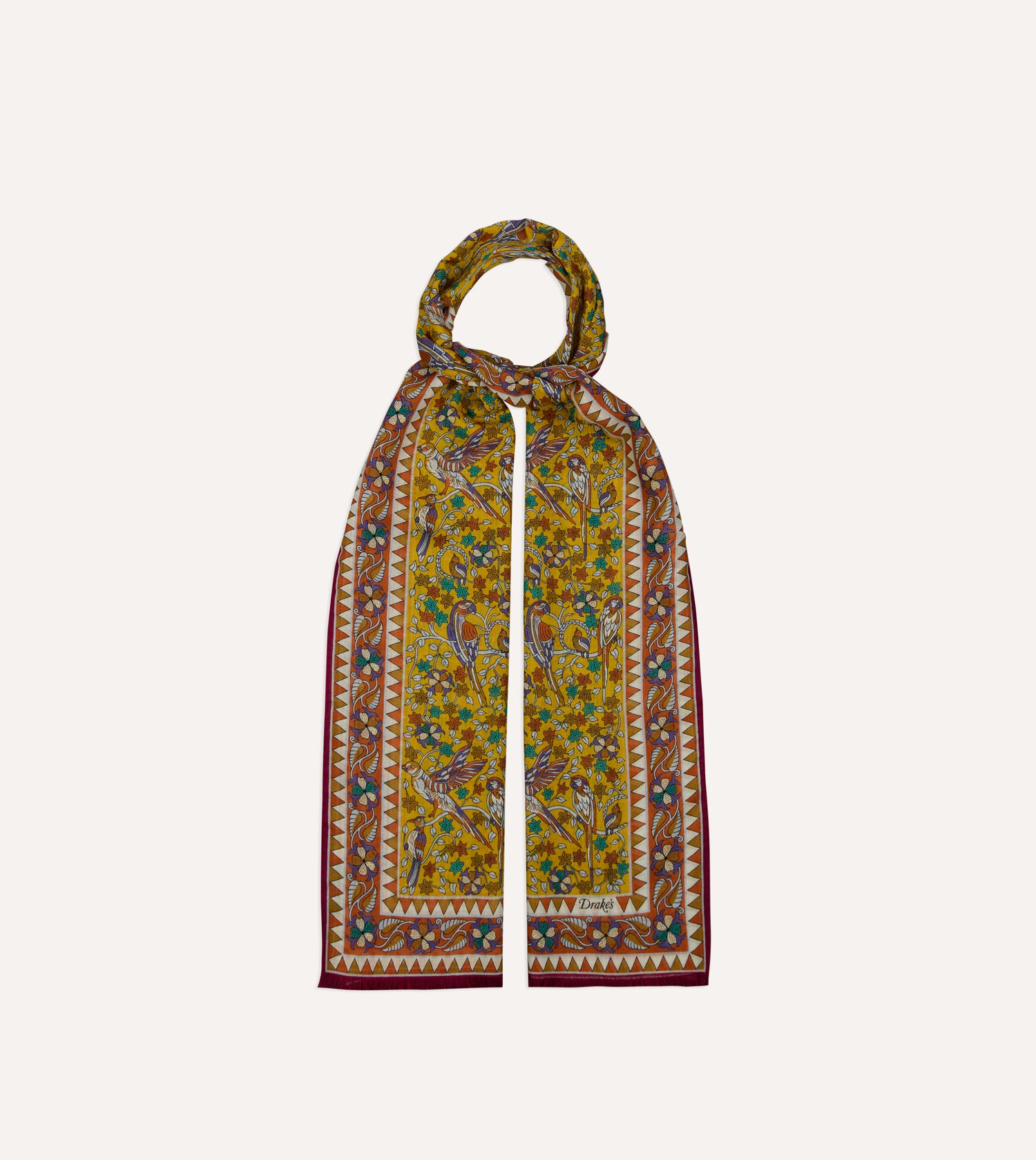 Yellow Birds and Flowers Print Wool-Silk Scarf