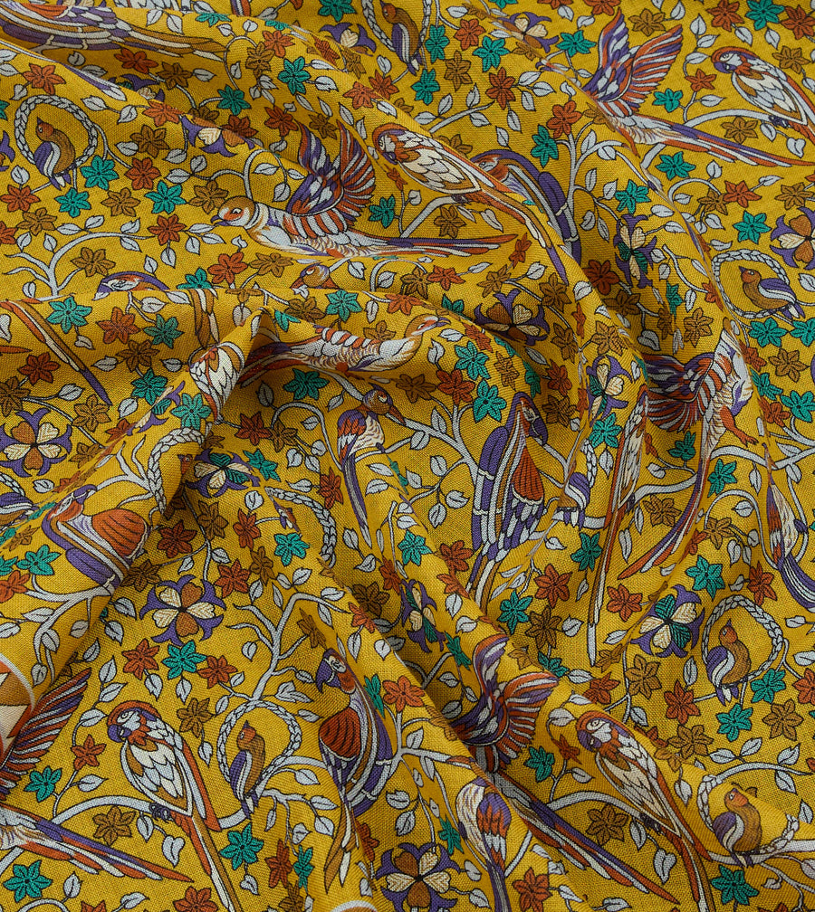 Yellow Birds and Flowers Print Wool-Silk Scarf