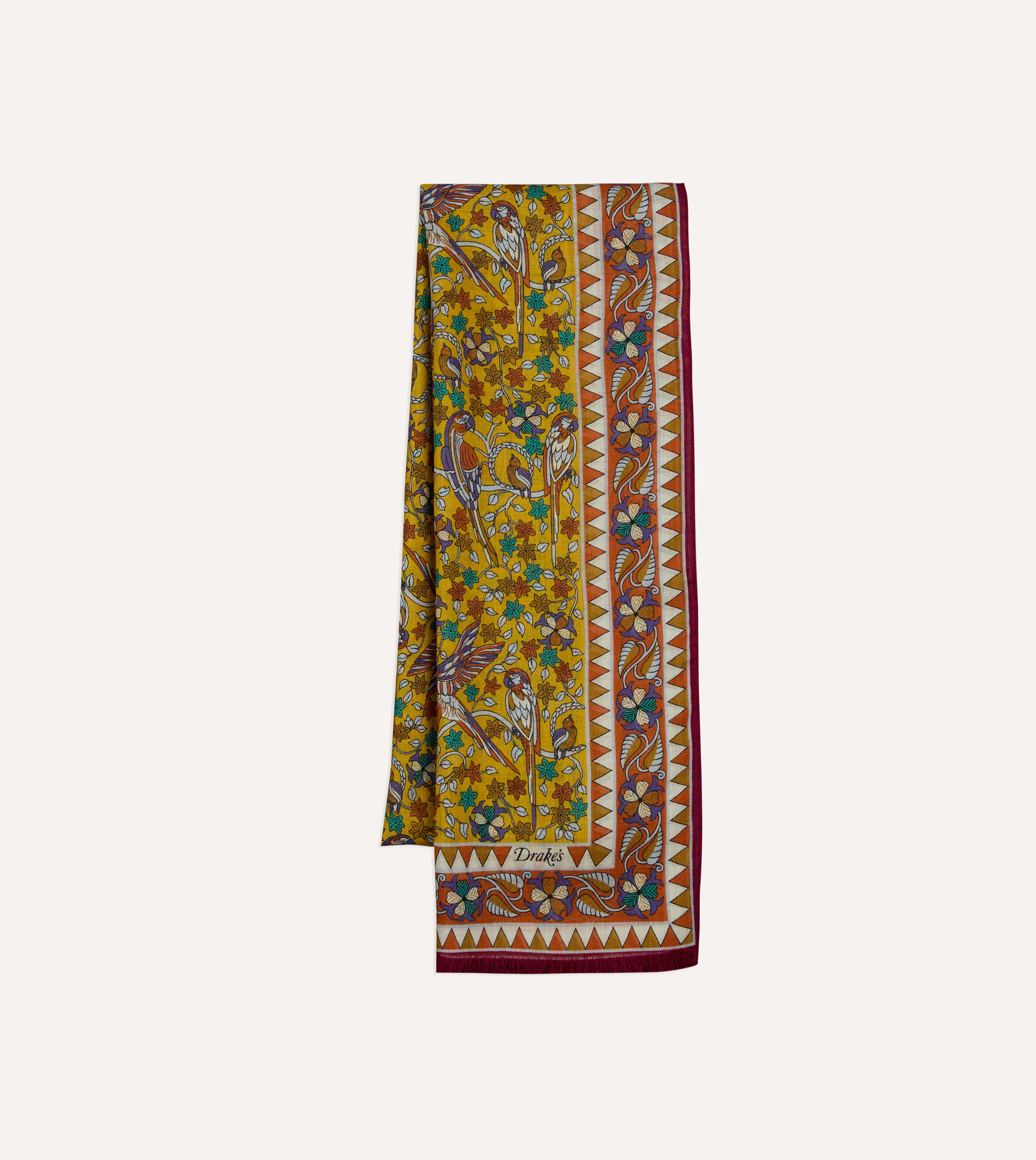 Yellow Birds and Flowers Print Wool-Silk Scarf