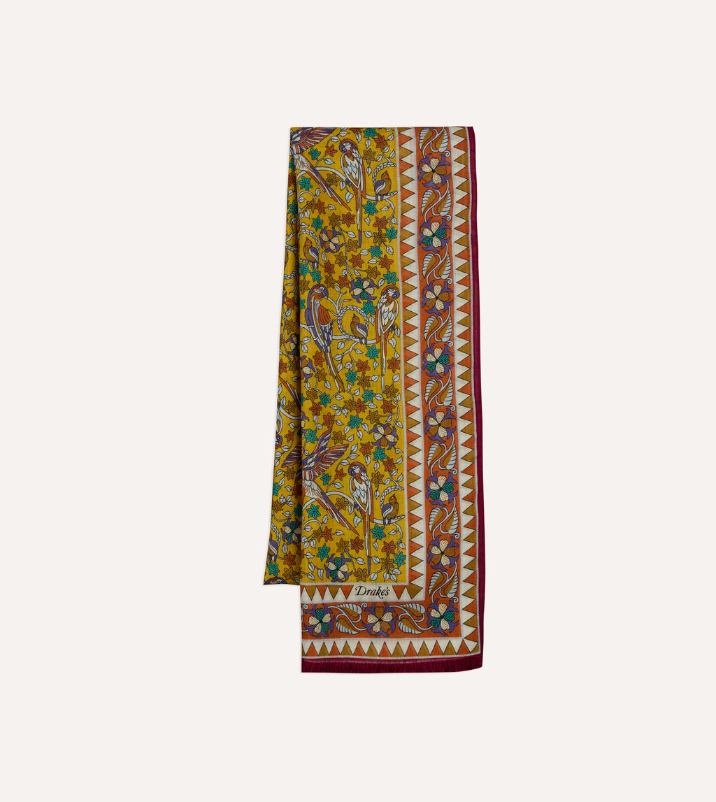 Yellow Birds and Flowers Print Wool-Silk Scarf – Drakes US