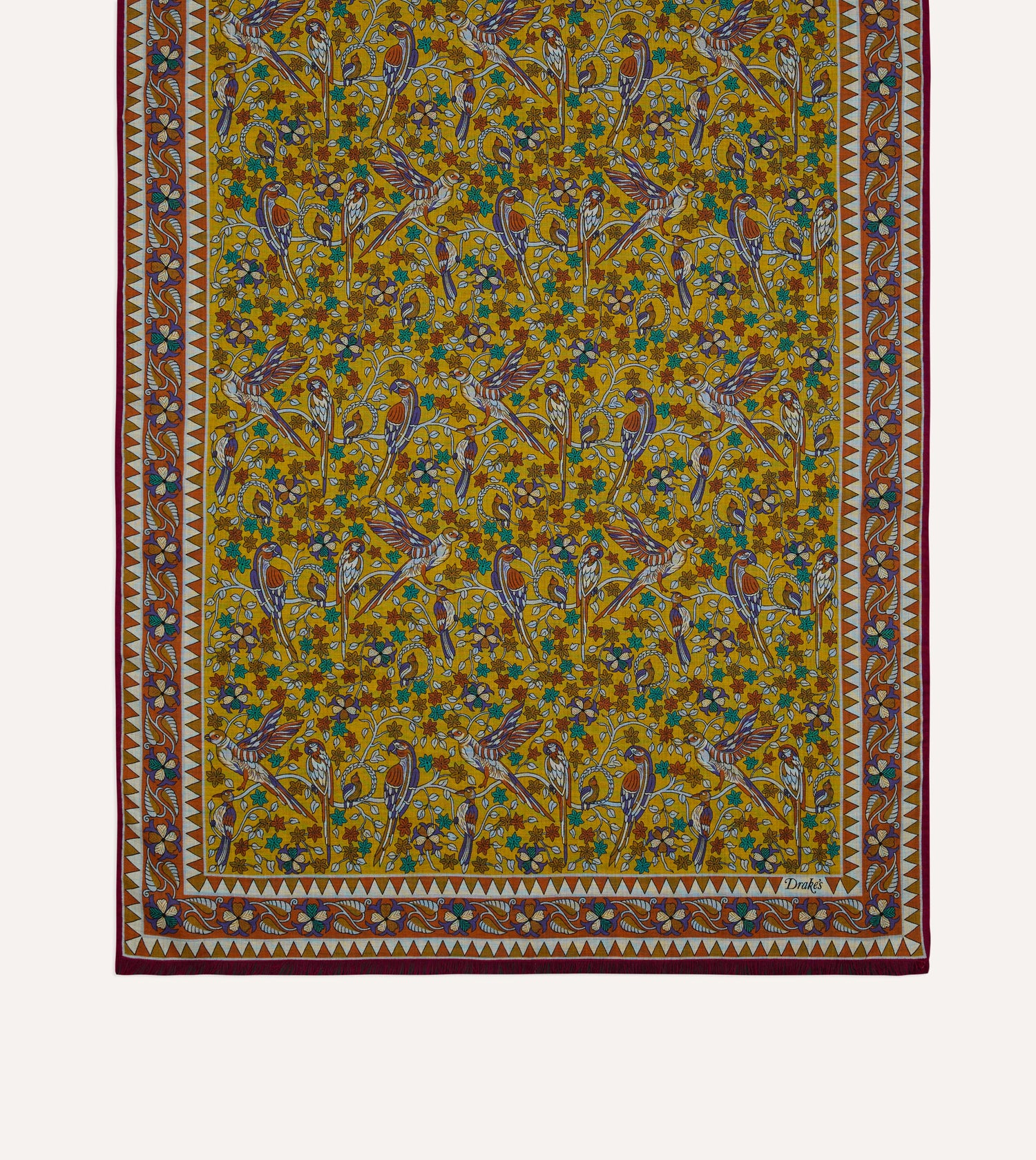 Yellow Birds and Flowers Print Wool-Silk Scarf