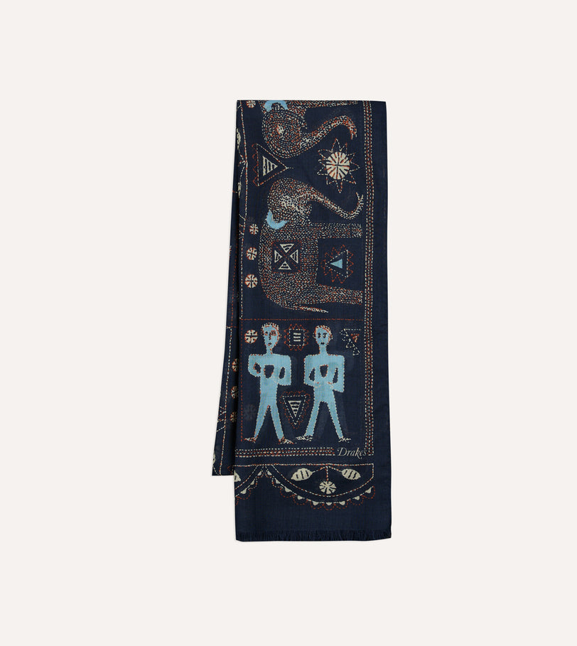 Navy Embroidered Elephant Print Wool Silk Scarf
