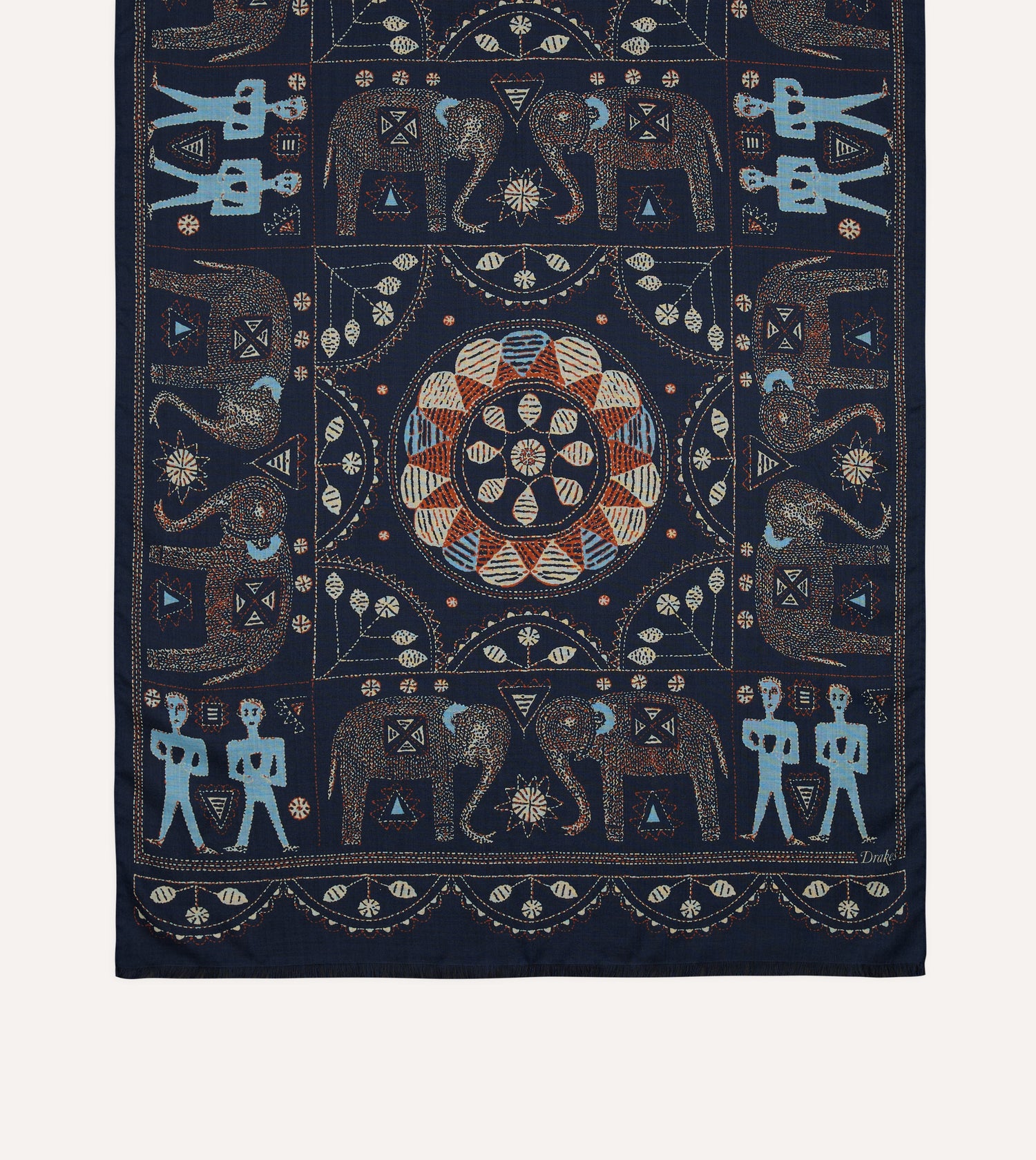 Navy Embroidered Elephant Print Wool Silk Scarf