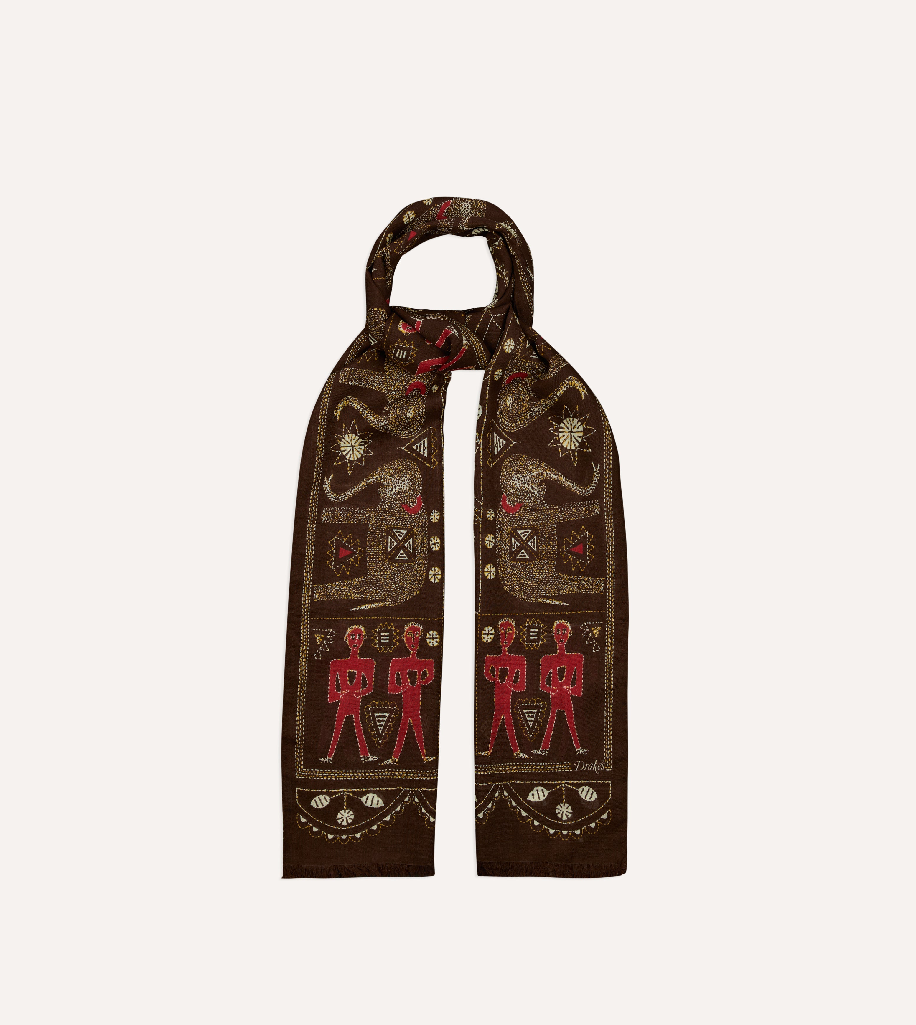 Brown Embroidered Elephant Print Wool Silk Scarf