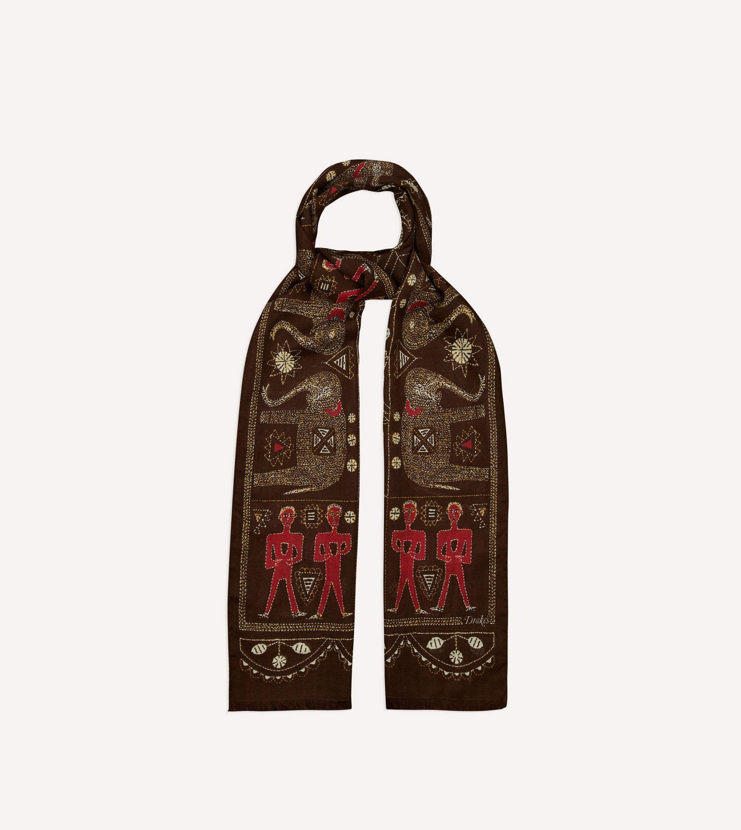 Brown Embroidered Elephant Print Wool Silk Scarf