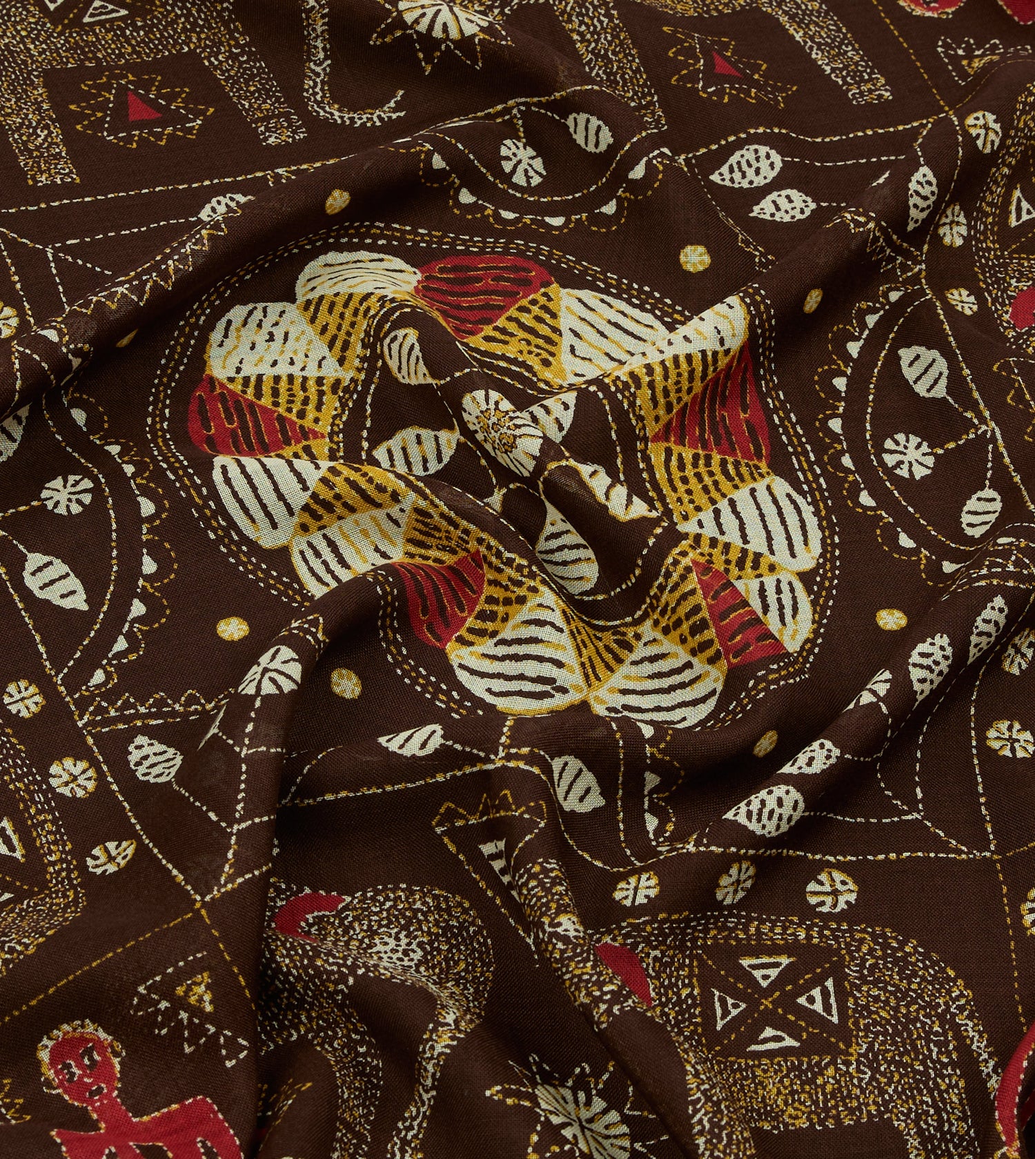 Brown Embroidered Elephant Print Wool Silk Scarf
