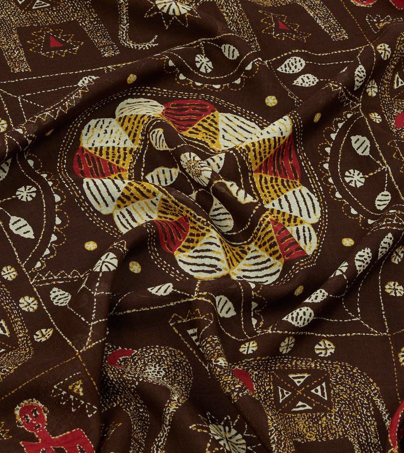 Brown Embroidered Elephant Print Wool Silk Scarf