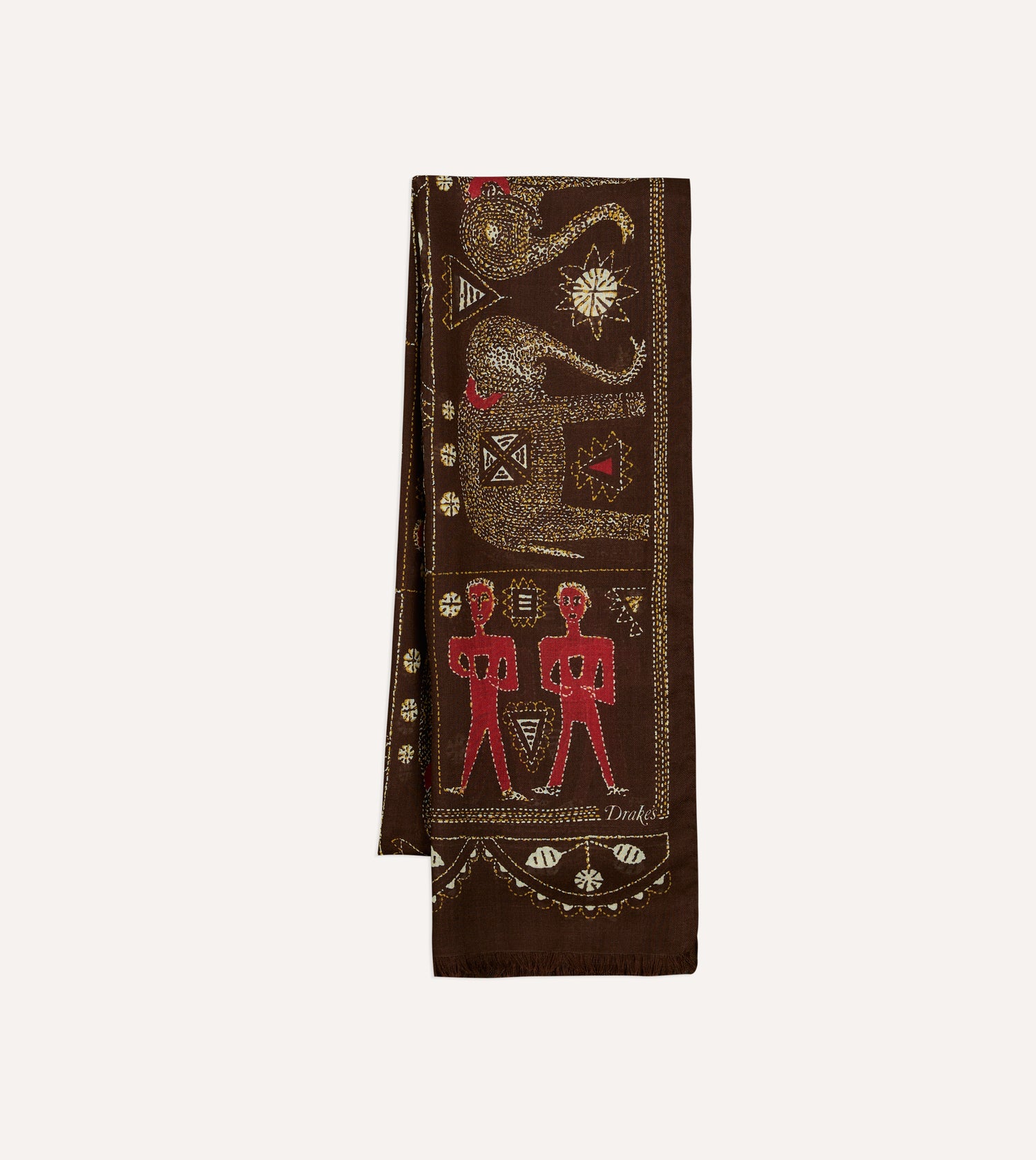 Brown Embroidered Elephant Print Wool Silk Scarf