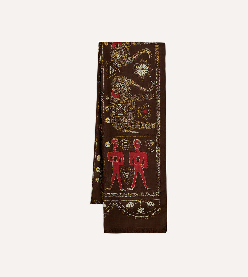 Brown Embroidered Elephant Print Wool Silk Scarf