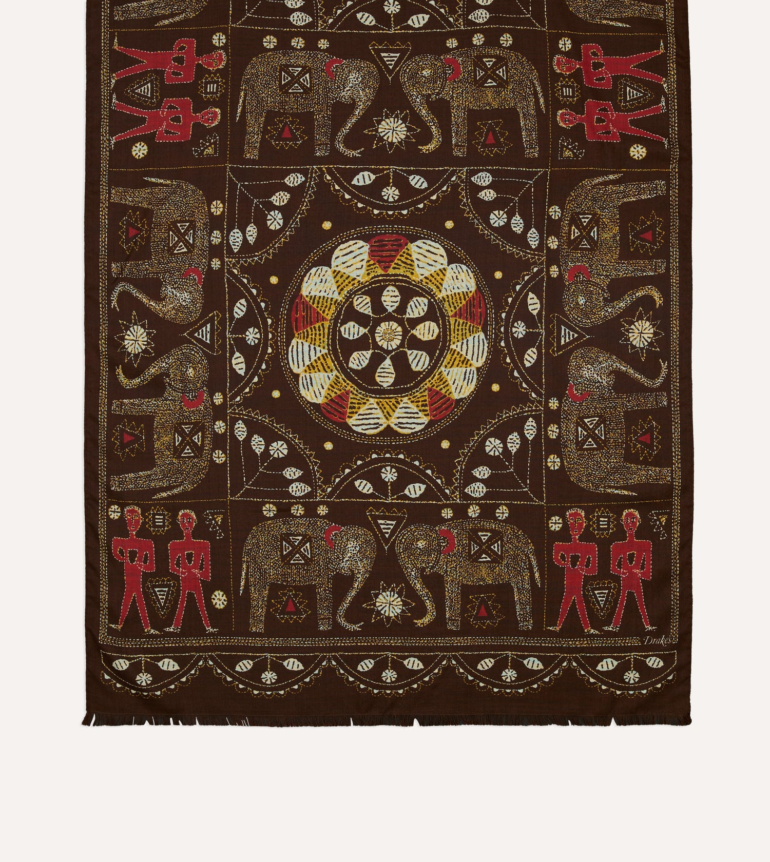 Brown Embroidered Elephant Print Wool Silk Scarf