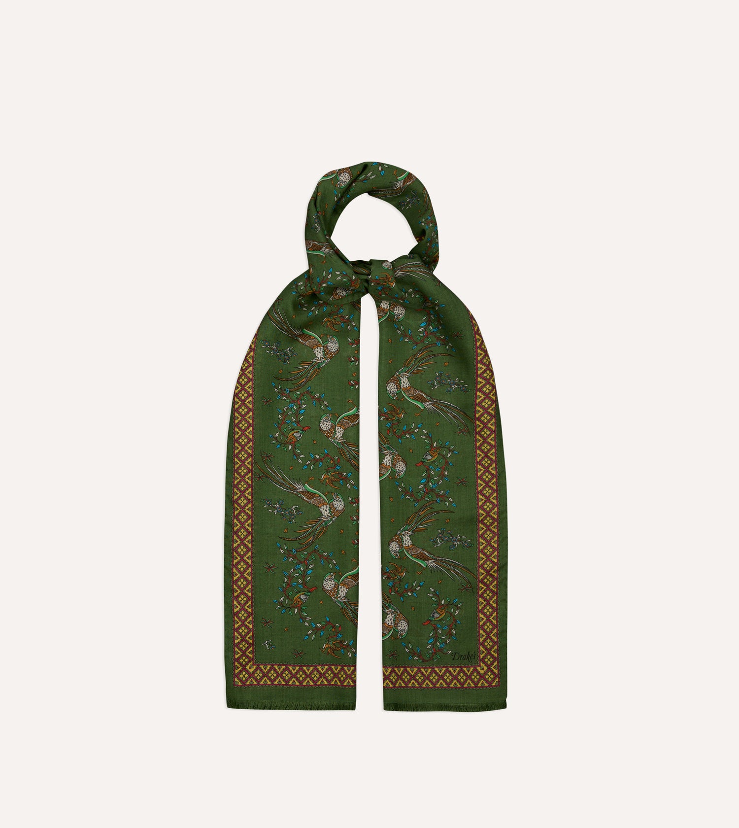 Olive Birds of Paradise Print Wool Silk Scarf